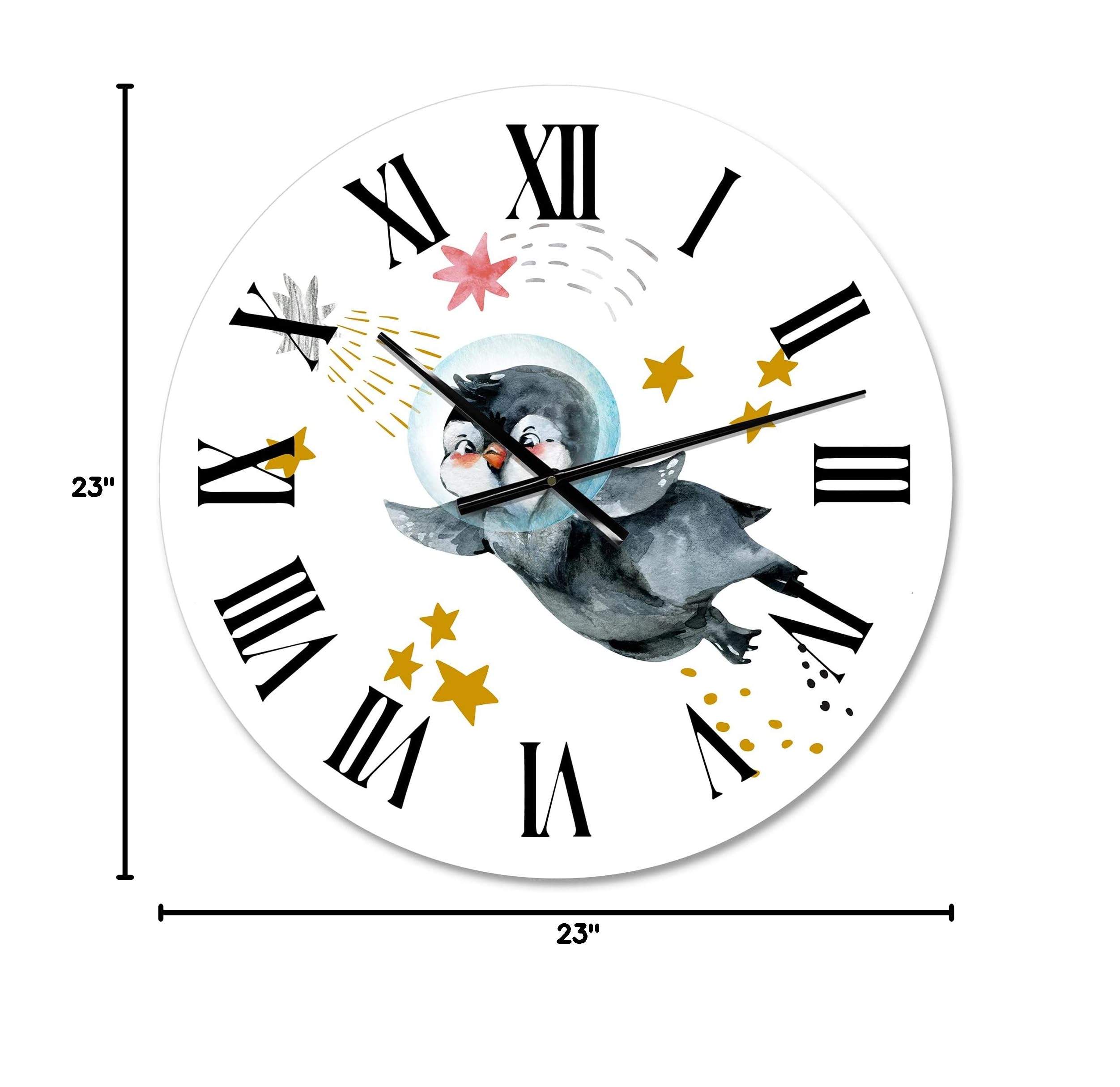 Farmhouse Wall Clock - Large Penguin Flying with Stars & Planets Design, Perfect for Bedroom, Living Room & Kitchen Decor | Silent Non-Ticking Wall Clock for Home & Office