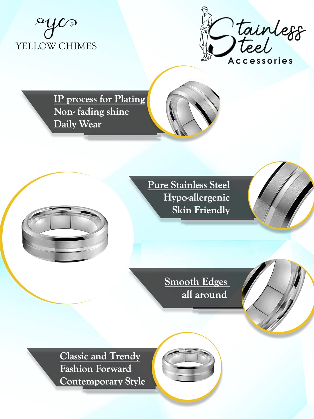Stainless Steel Yellow Chime Rings for Men & Boys - Durable Band Style Jewelry Accessories | Perfect Birthday & Anniversary Gift for Husband, Boyfriend, Son | Great for Casual Wear, Special Occasions & Everyday Fashion