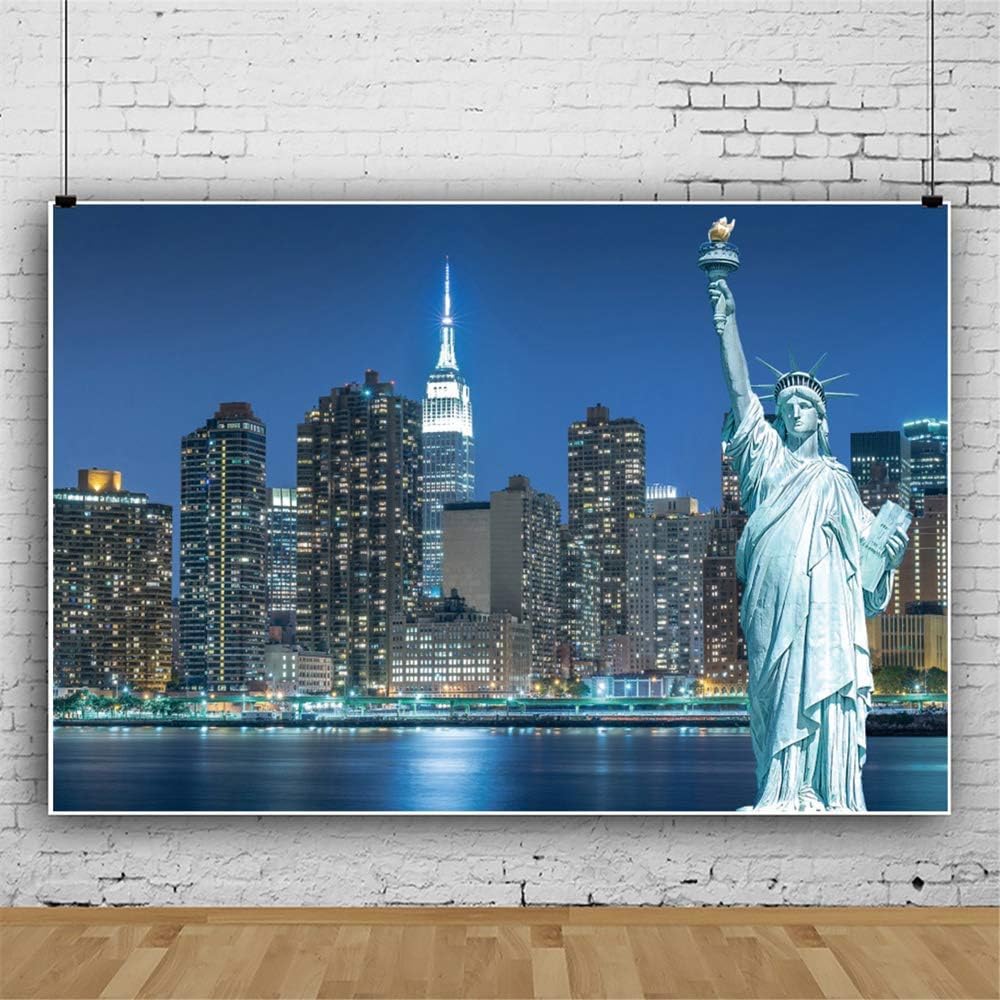 5x3ft Statue of Liberty Photo Backdrop | New York City Skyline Night View | Manhattan Urban Cityscape Photography Background | Perfect for Holiday Travel Photos, Studio Props & Event Decorations