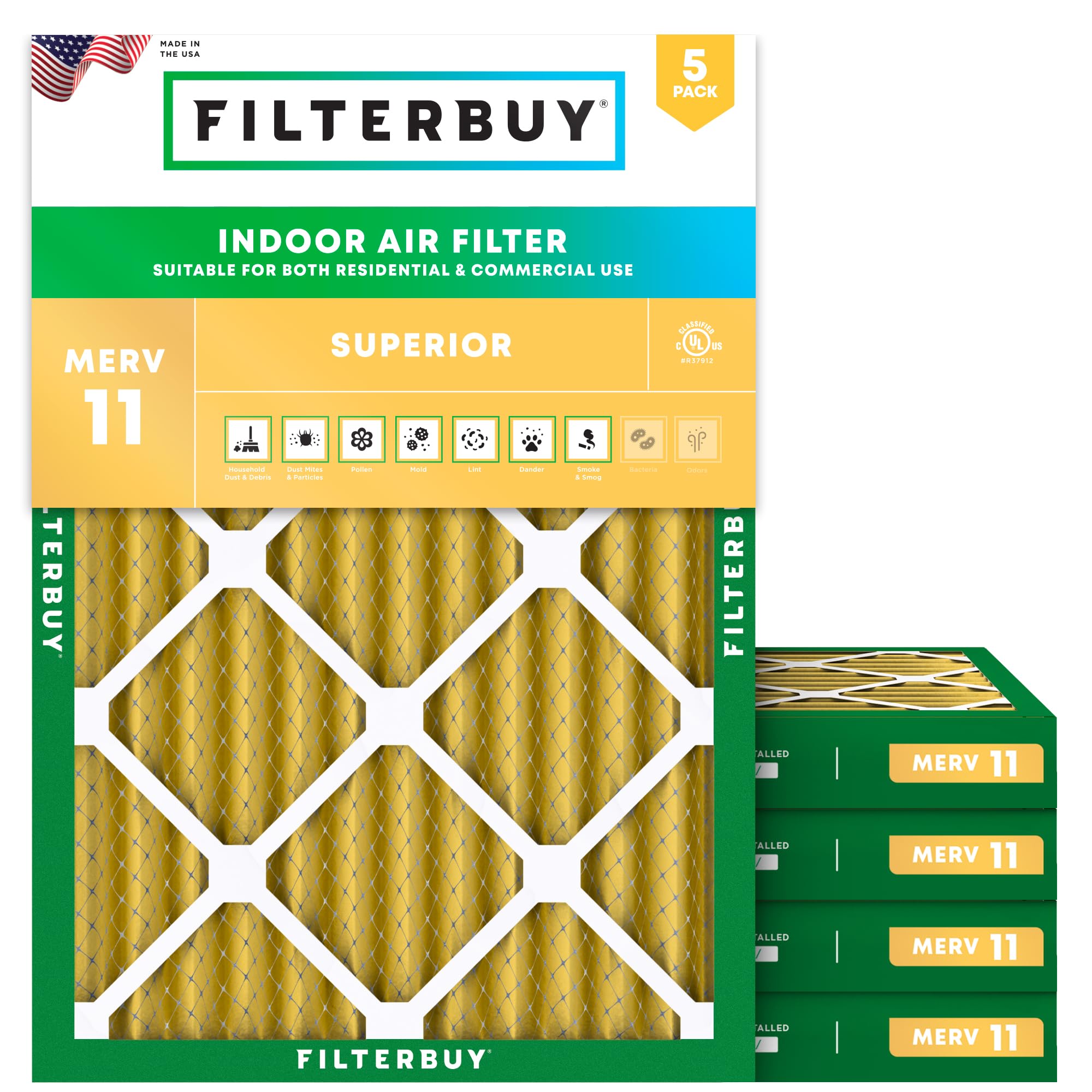 Filterbuy 17x22x2 MERV 11 Air Filters (5-Pack) - Allergen Defense HVAC Furnace AC Replacement Filters, Actual Size 16.5x21.5x1.75 Inches - Perfect for Home, Office & Allergy Relief
