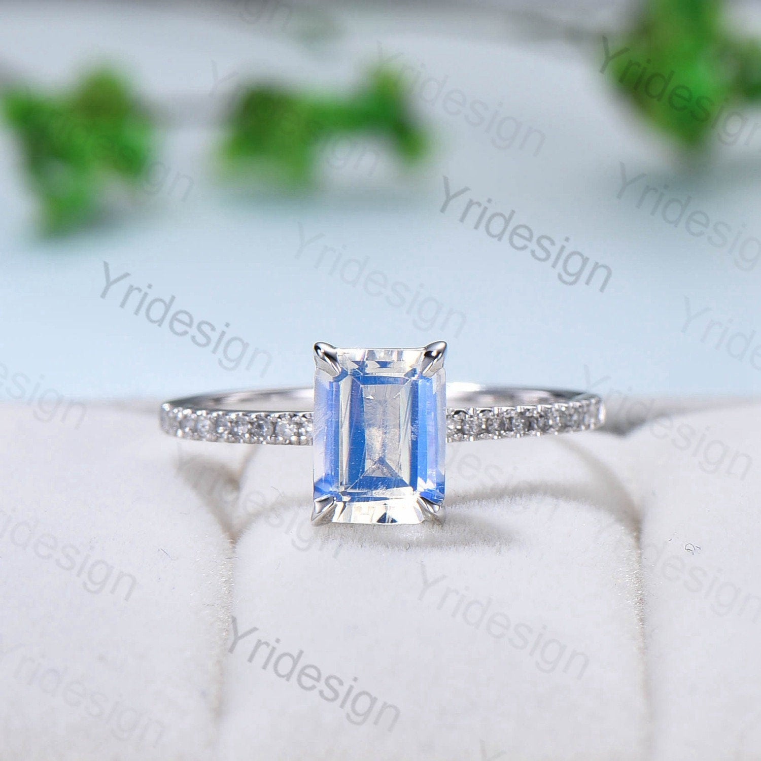 Rainbow Blue Emerald Cut Moonstone Engagement Ring - 10k 14k 18k White Gold with Pave Diamond Accents - Vintage Bridal Wedding Ring for Women - Perfect for Proposals, Anniversaries & Romantic Occasions