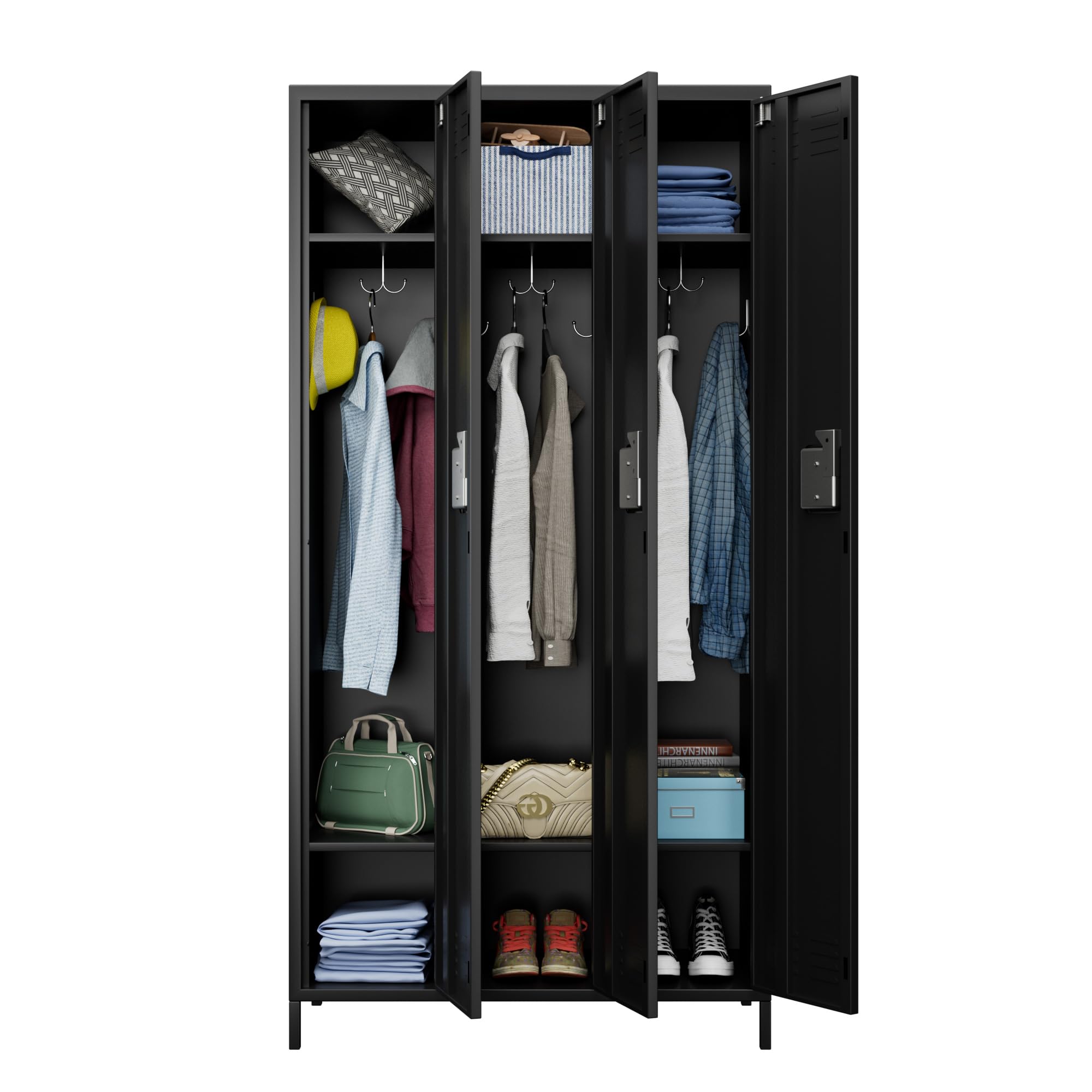 METAN 3-Door Steel Storage Locker Cabinet - Heavy Duty Metal Locker for School, Office, Gym & Bedroom - Industrial Storage Locker with 2 Adjustable Shelves for Employees & Students - Easy Assembly Required (Black) - Perfect for Secure Storage in Workplaces, Schools & Fitness Centers