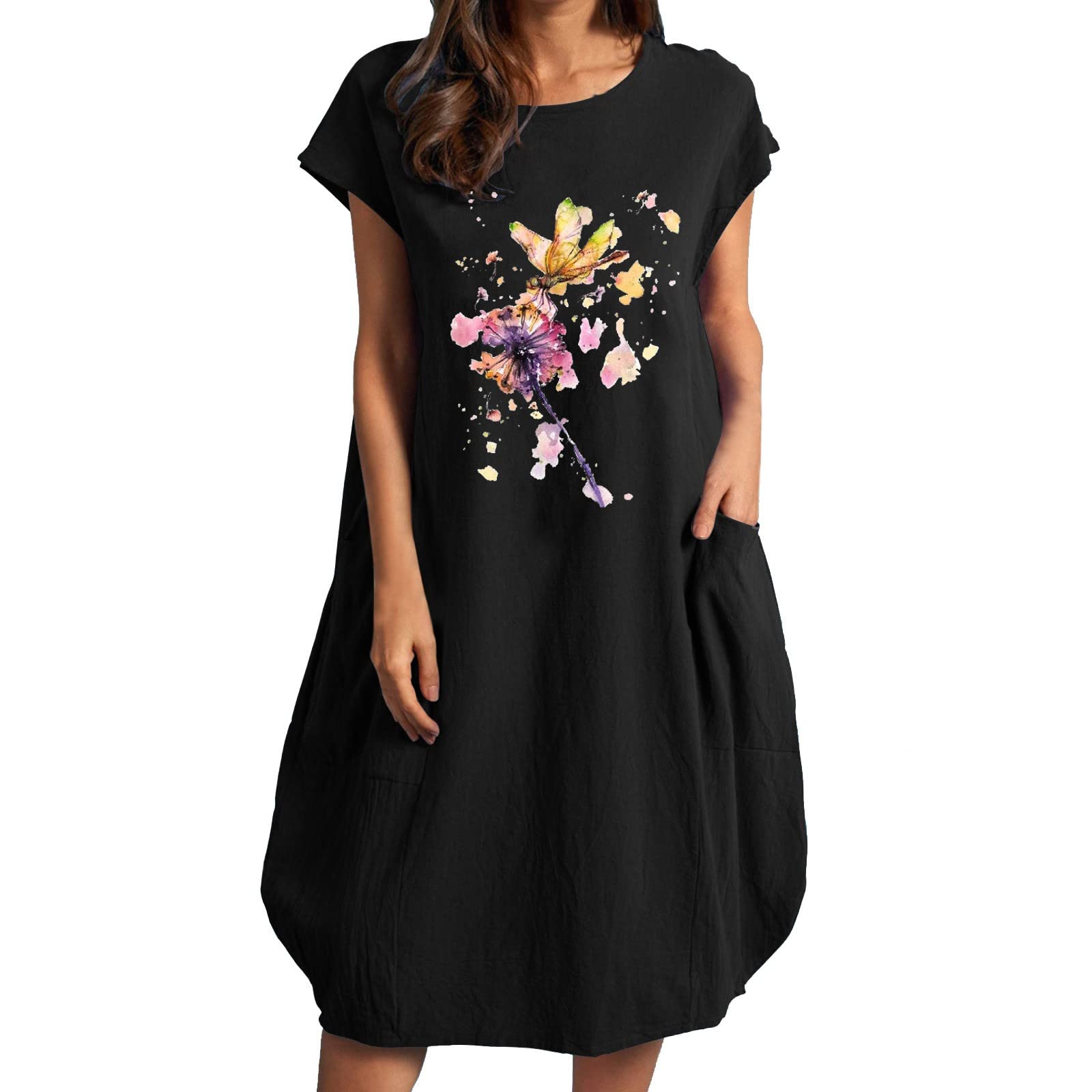 Butterfly Print Loose Short Sleeve Summer Dress for Women - Round Neck Flowy Casual Dress - Perfect for Beach, Vacation & Summer Outings