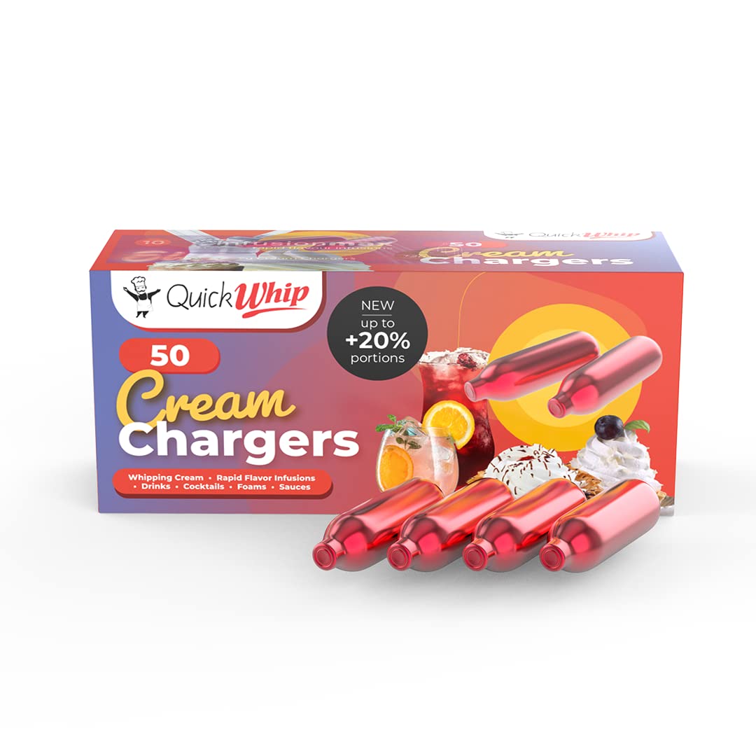 QuickWhip Pro 9g Whipped Cream Chargers (50 Pack of 400) - Food Grade N2O Cartridges for Professional Desserts, Coffee Toppings & Cocktail Garnishes - Compatible with Standard Cream Dispensers