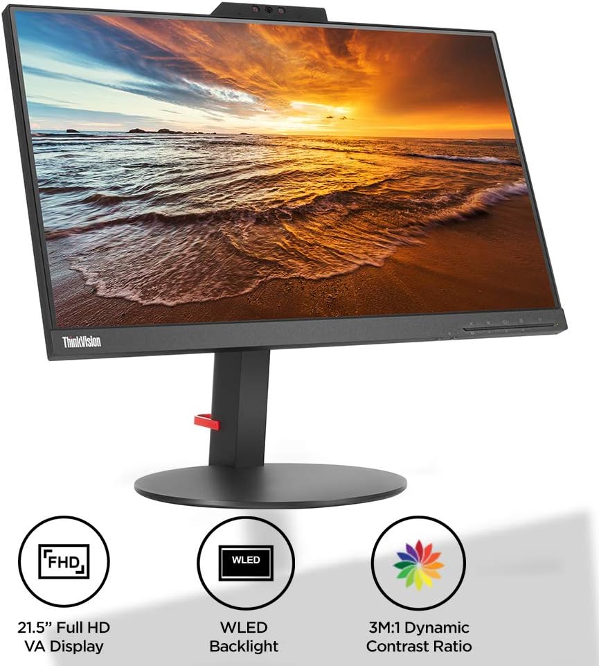 Lenovo ThinkVision T22v-10 22-inch FHD 1080p IPS Borderless LED Monitor with HDMI, VGA, DisplayPort, Built-in Speaker & Camera - 16:9 Aspect Ratio, Black (Open Box, 90-Day Warranty) - Perfect for Home Office, Gaming & Video Conferencing