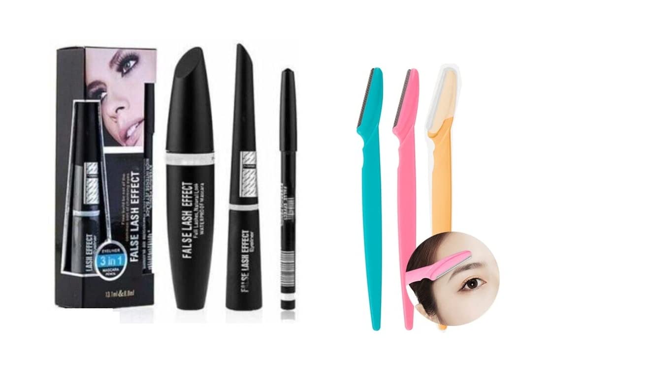 3-in-1 Eyebrow Kit with Eyeliner, Mascara & Eyebrow Pencil + 3 Eyebrow Razors - Perfect for Eyebrow Shaping, Eye Makeup & Grooming | Great for Daily Use, Salon & Travel