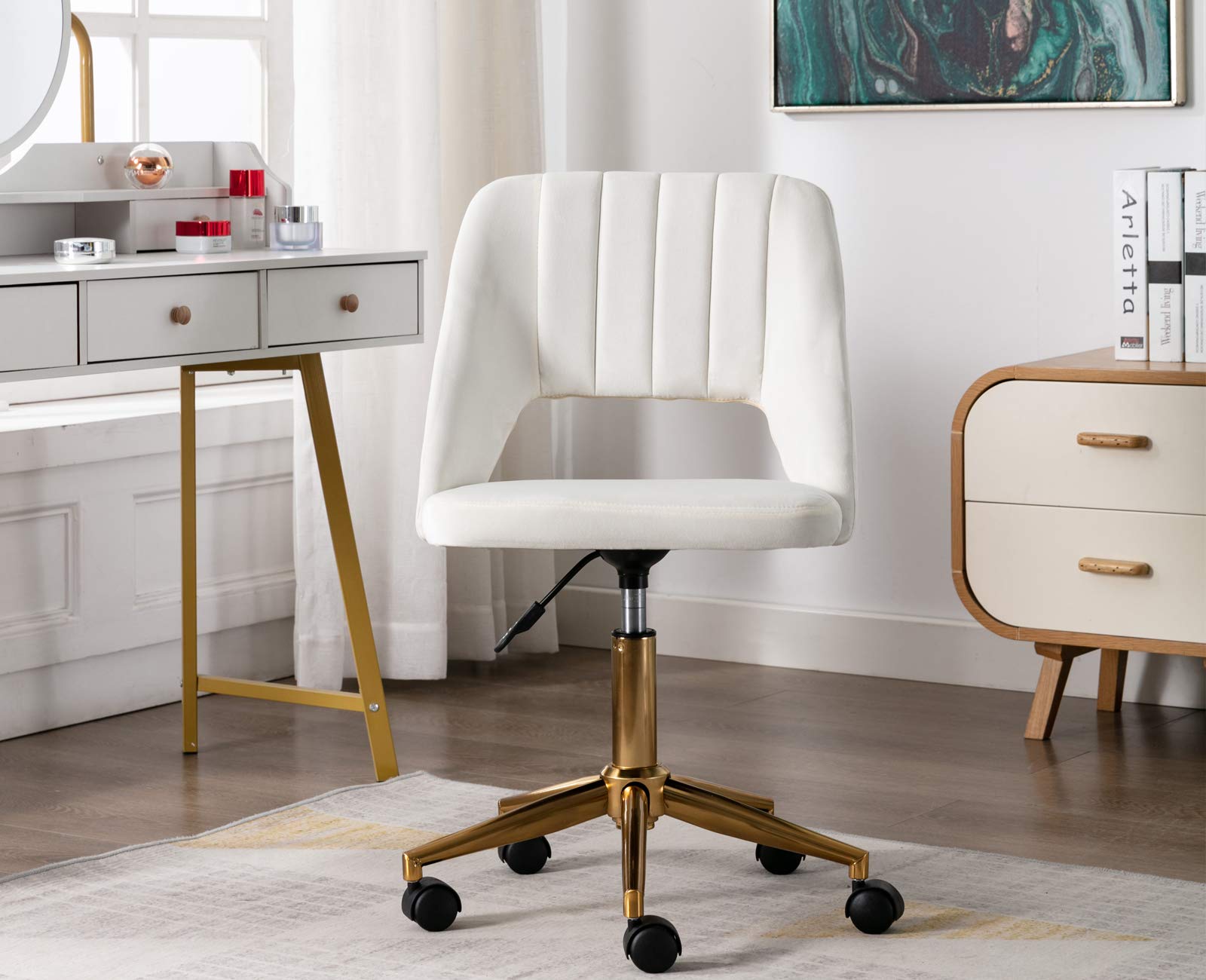 Velvet Office Desk Chair with Wheels - Mid Back Modern Home Office Chair, Small and Cute for Bedroom, White with Gold Base - Perfect for Home Office, Study, Dorm Room, and Small Spaces