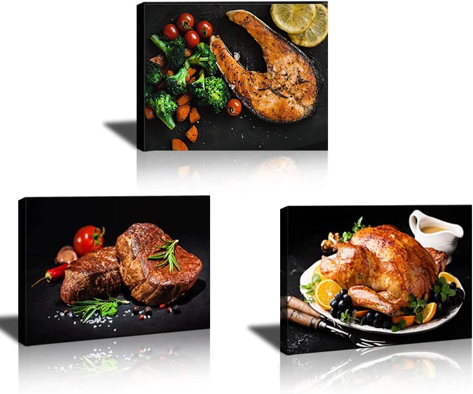Premium 3-Piece Framed Canvas Print Posters - 24x36 Inch Wall Art for Kitchen, Dining Room, Bedroom & Living Room Decor | Food & Steak Meat Theme Pictures | Perfect for Home Decoration & Restaurant Wall Art