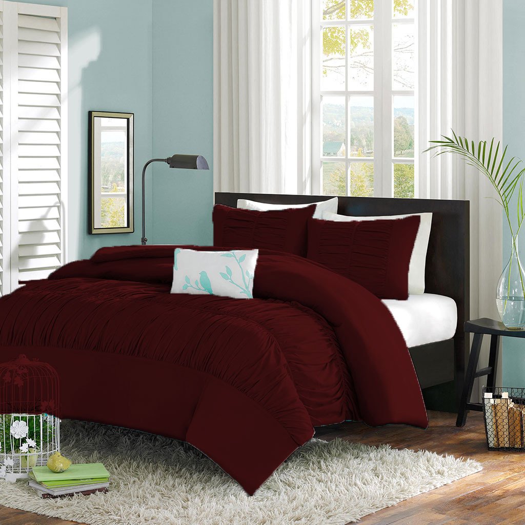 Premium 5-Piece Queen Size Duvet Cover Set with Center Gathered Mimi Ruffles & Matching Pillow Shams - 600 Thread Count Egyptian Cotton in Wine Red - Perfect for Master Bedroom, Guest Room & Luxury Hotel Decor
