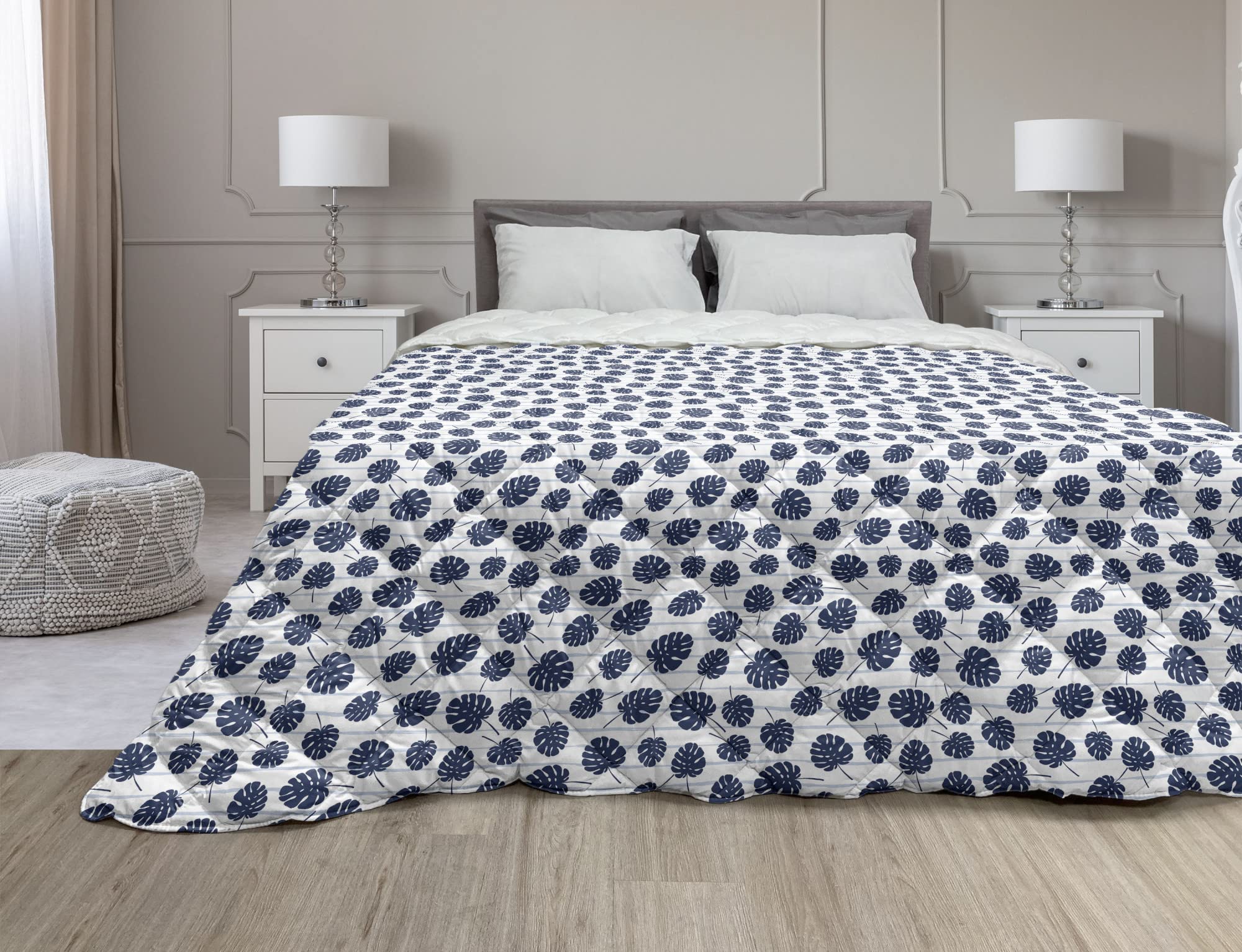 Ambesonne Monstera Down Alternative Comforter - Tropical Leaves & Scribble Stripes Pattern Microfiber Quilt - All Season Full Size Bedding - White & Night Blue - Perfect for Bedroom, Guest Room & Dorm Decor