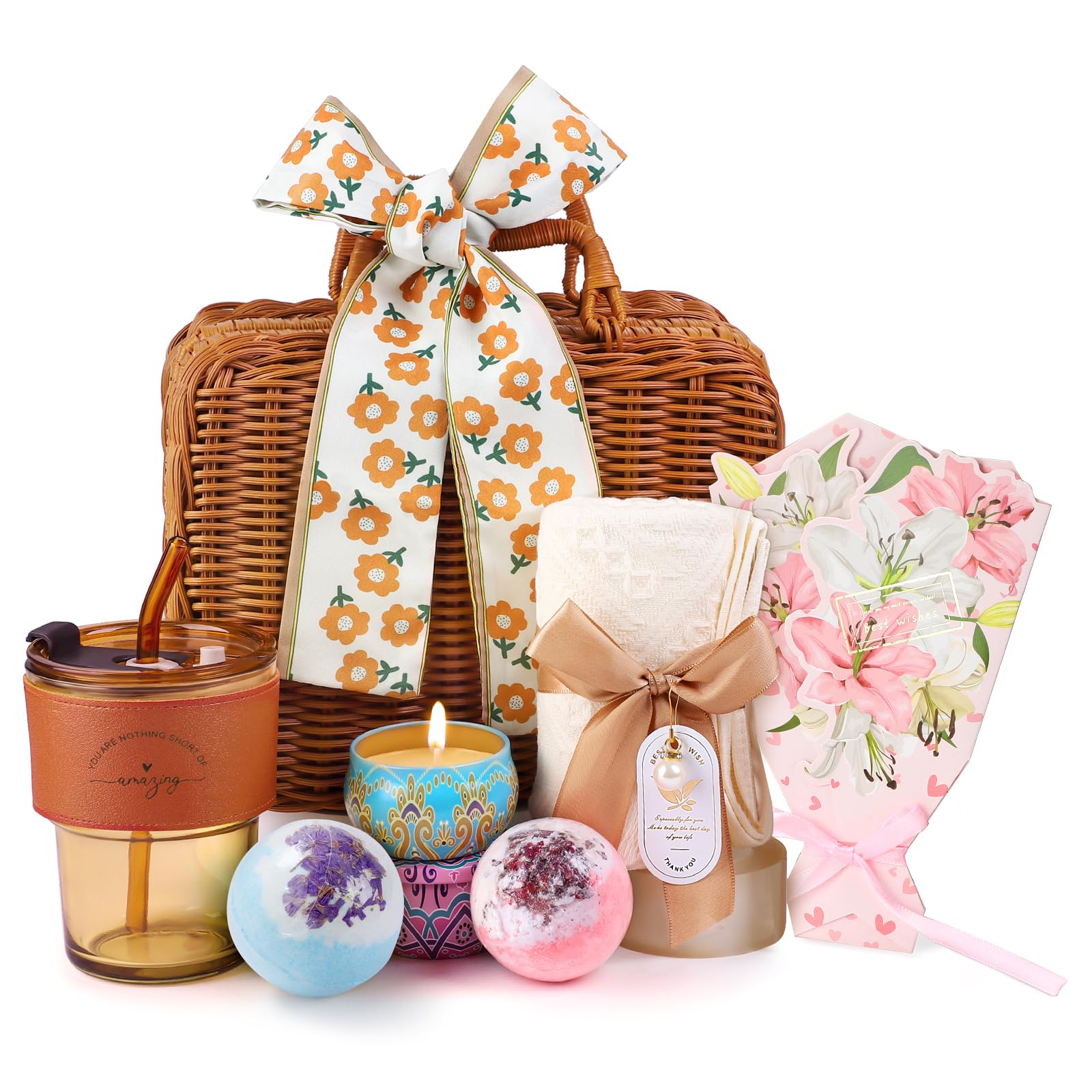 Relaxing Spa Gift Basket for Women - Birthday, Get Well Soon, Thank You Gifts for Her, Mom, Wife, Sister, Daughter, Girlfriend & Coworkers | Luxury Bath Set with Essential Oils & Bath Salts | Perfect for Self-Care, Stress Relief & Pampering at Home