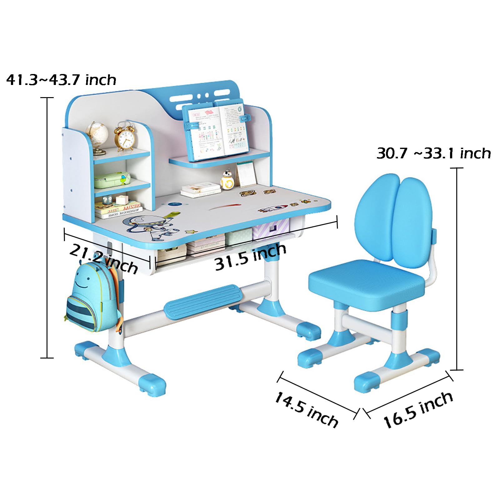 Adjustable Kids Desk and Chair Set with Astronaut Design - Study Table with Shelf & Large Drawers for Boys Girls Age 3+ (Blue) - Perfect for Homeschooling, Online Learning & Bedroom Study Space