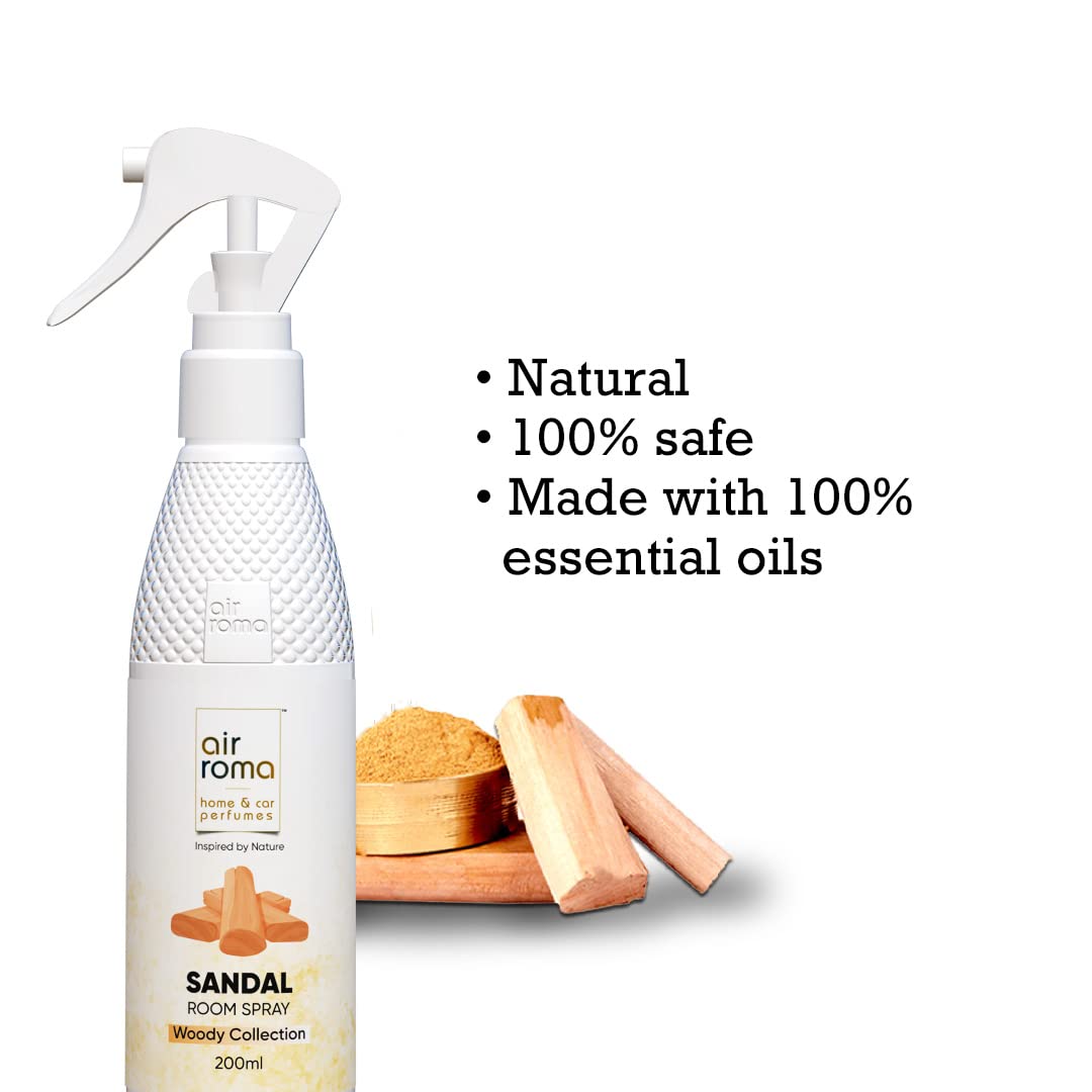 AIR-ROMA Sandal Air Freshener Spray - Long-Lasting Odor Eliminator for Home, Office & Car | 200ml Natural Fragrance | Eliminates Bad Smells in Living Room, Bathroom & Closet | Pack of 1