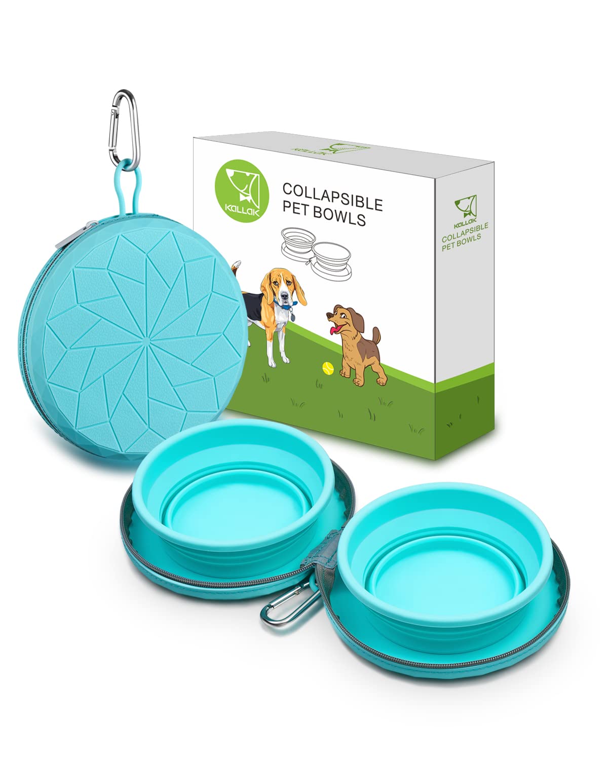 KALLAK Collapsible Silicone Twin Bowls for Dogs - 2 in 1 Portable Travel Dog Feeder with Zippered Case, Non-Slip Food & Water Bowls with Carabiner Clip - Perfect for Camping, Hiking & Outdoor Adventures