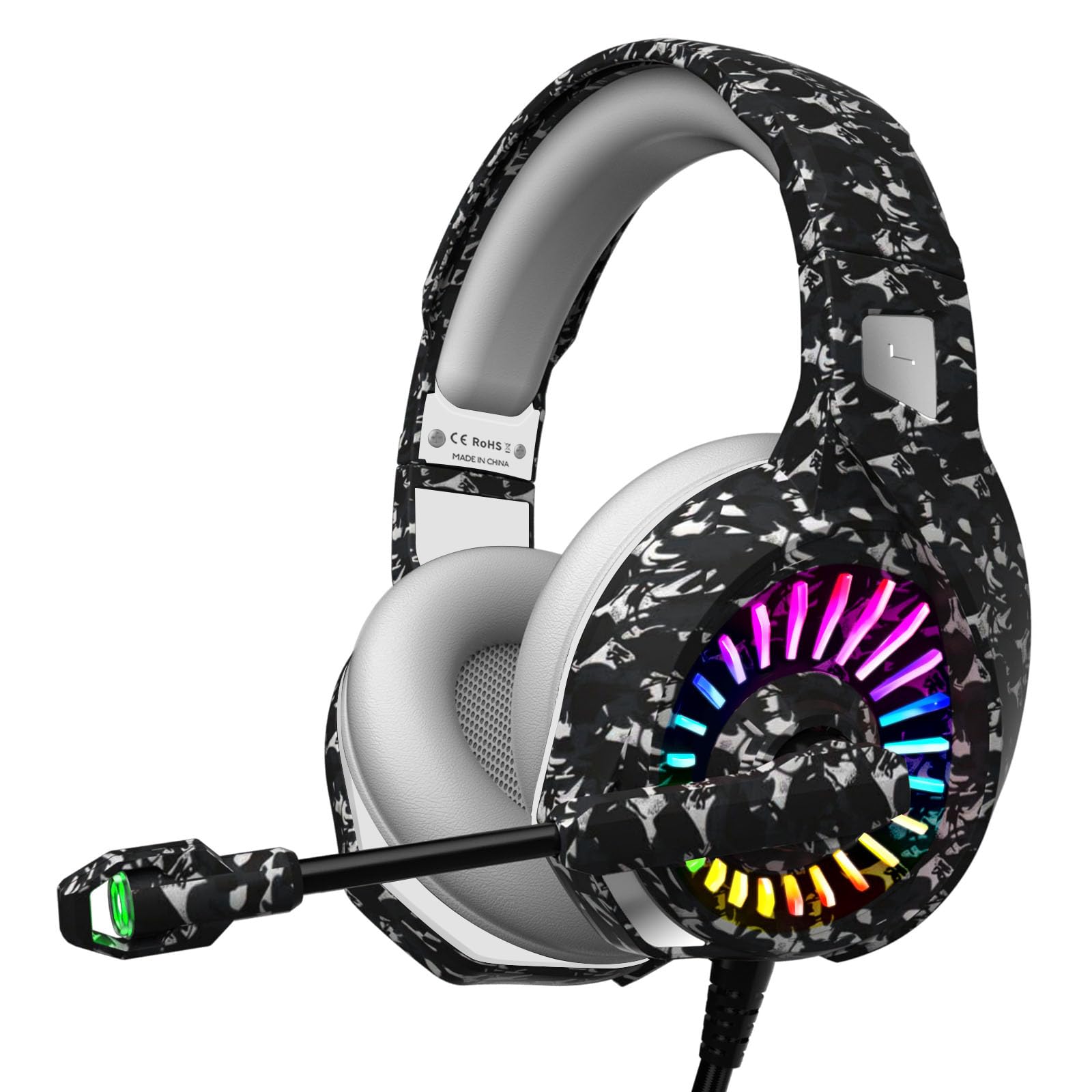 ZIUMIER Camo Gaming Headset with Microphone - Wired 3.5mm Headphones for PS4, PS5, Xbox One, PC, Laptop, Mac & Switch | Bass Surround Sound, LED Lights & Camouflage Design | Perfect for FPS Games, Streaming & Online Chatting