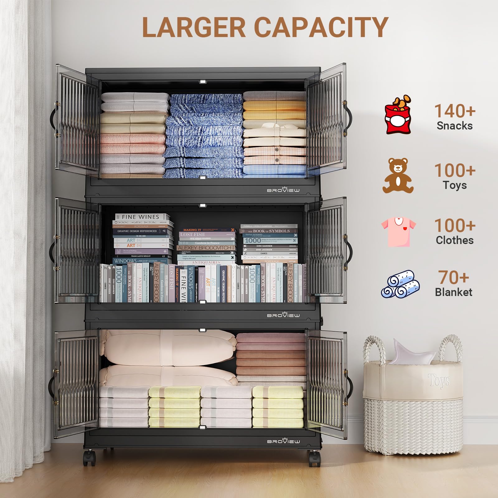 84 Qt Stackable Storage Bins with Lids - 3-Pack Black Collapsible Closet Organizer with Wheels | Plastic Storage Drawers for Clothes, Toys & Home Organization | Perfect for Bedroom, Garage & Dorm Room Storage Solutions