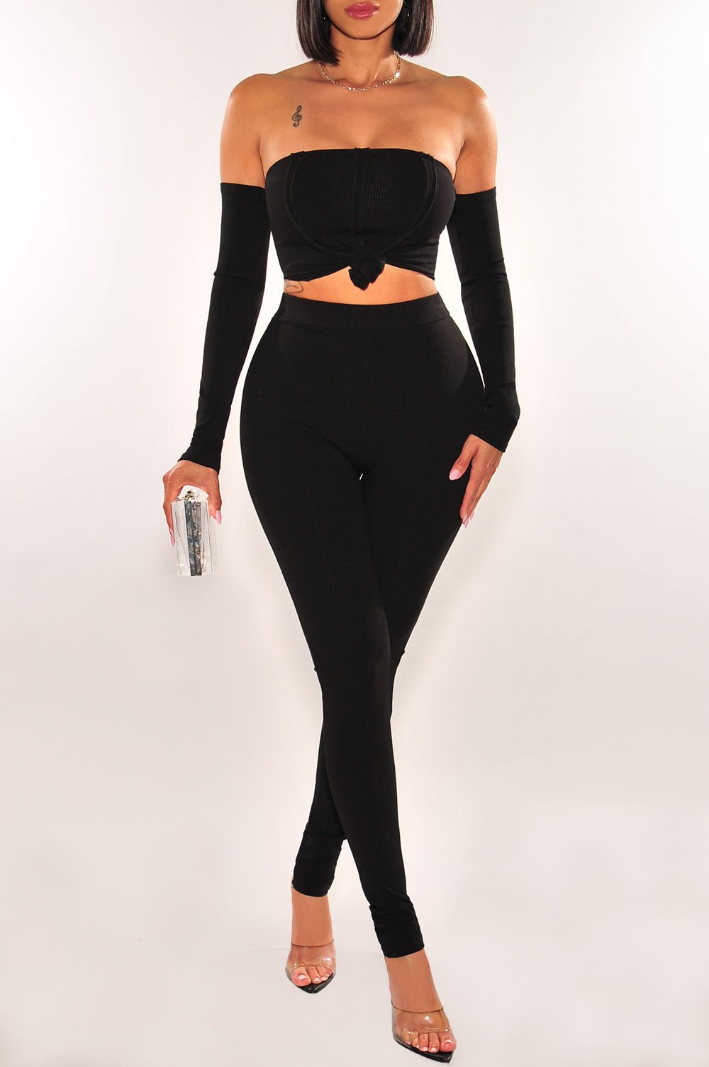 Stylish Black Ribbed Off Shoulder High Waist Pants Two Piece Set - Trendy Outfit for Women, Perfect for Date Night, Parties & Summer Fashion