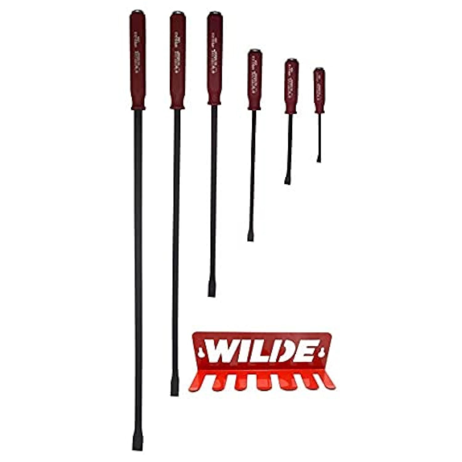 Wilde Tool HPB7/DB 7-Piece Hard Cap Pry Bar Set with Storage Rack - Heavy Duty Demolition Tools for Construction, Auto Repair & Home Improvement Projects