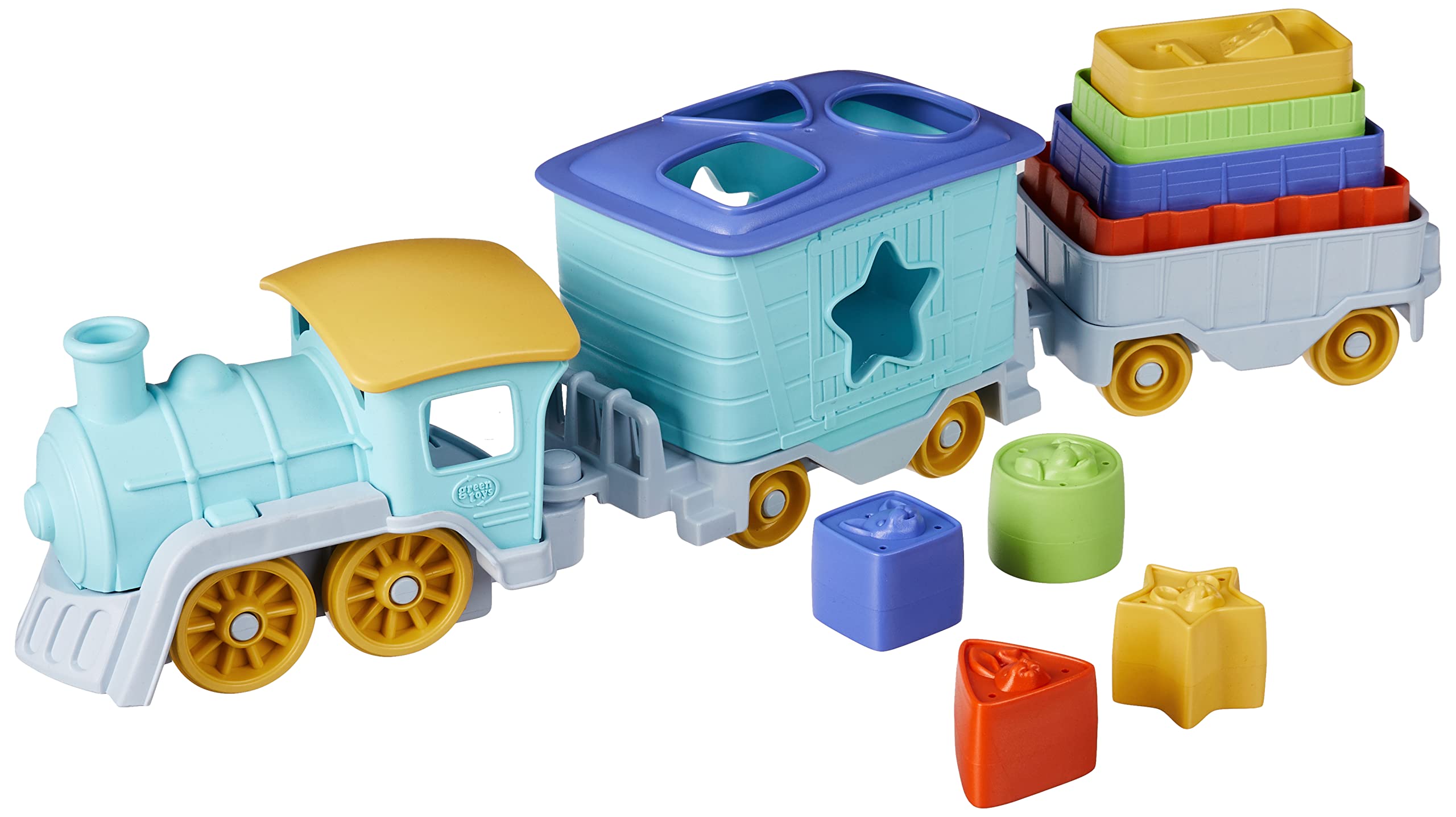 Green Toys Stack & Sort Train - Eco-Friendly Wooden Toy for Toddlers, Educational Sorting & Stacking Activity for Kids Ages 1-3 - Perfect for Early Learning, Birthday Gifts & Playroom Fun