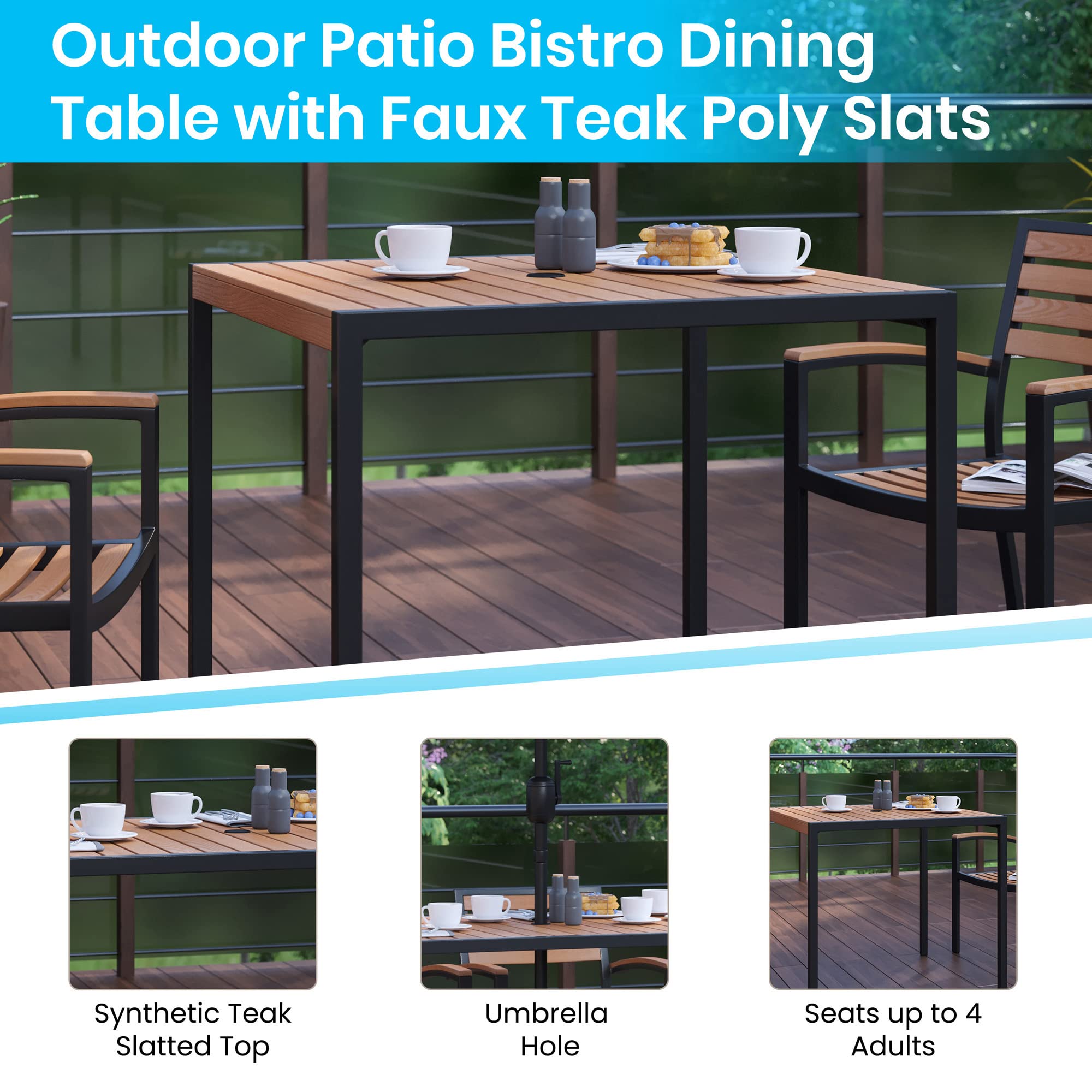 Flash Furniture 5-Piece Outdoor Patio Dining Set - 2 Stackable Synthetic Teak Arm Chairs & 35