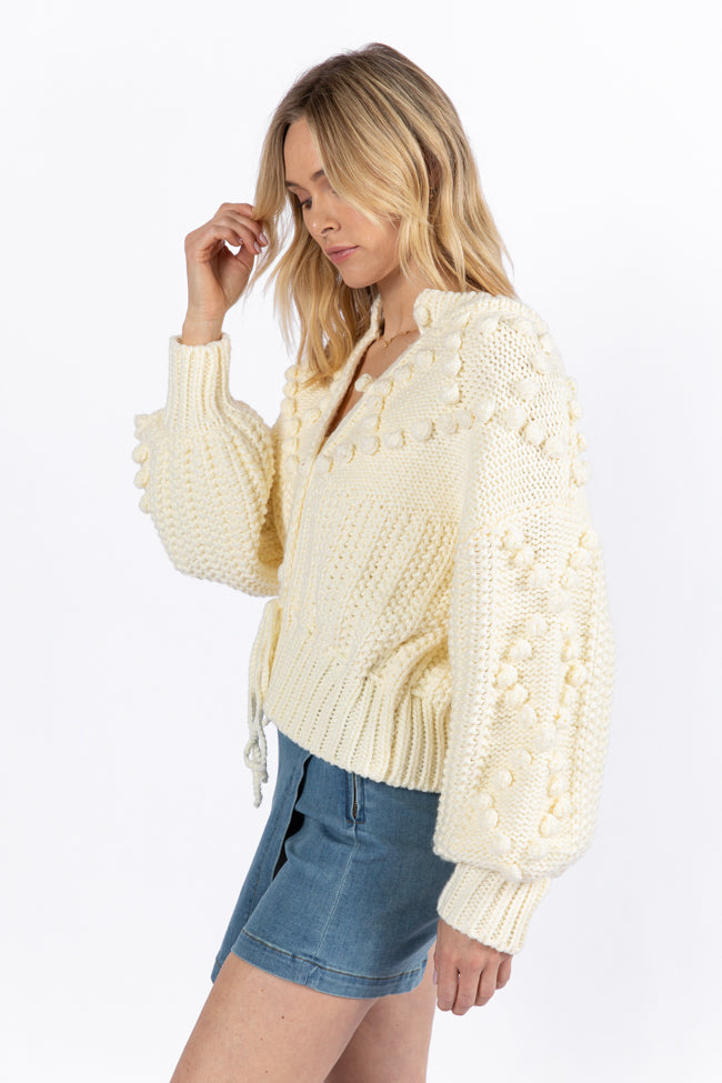 Chunky Knit Cardigan for Women - Pom Party Cream Cinched Waist Sweater | Cozy Winter Pullover for Casual Outfits & Office Wear