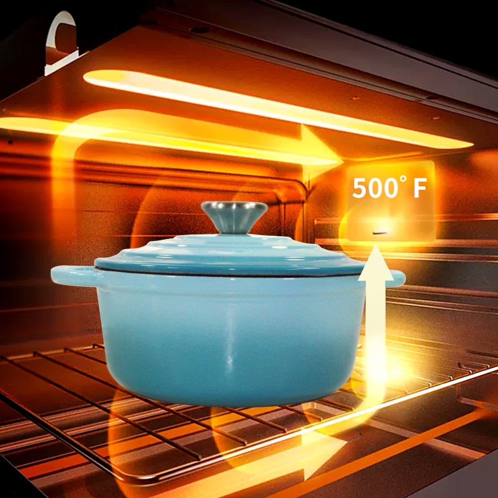 Enameled Cast Iron Dutch Oven 2.1 QT with Lid - Teal Colored Dual Handle Pot for Baking Bread, Braising, Roasting & Slow Cooking | Perfect for Camping, Family Dinners & Gift Giving