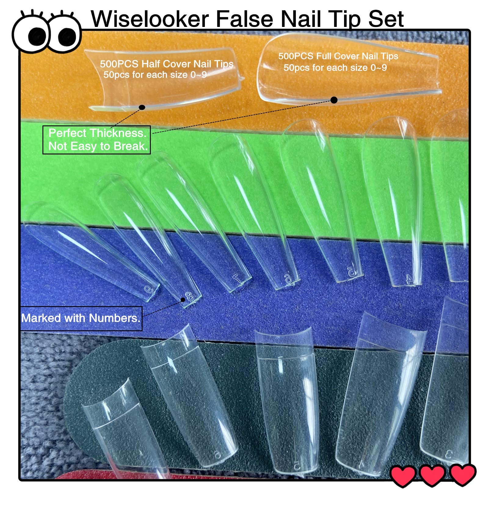 1000pcs Clear False Nails Tips - Full Cover & Half Cover Artificial Nail Extensions (500pcs Each) for Salon, DIY Manicure & Home Nail Art