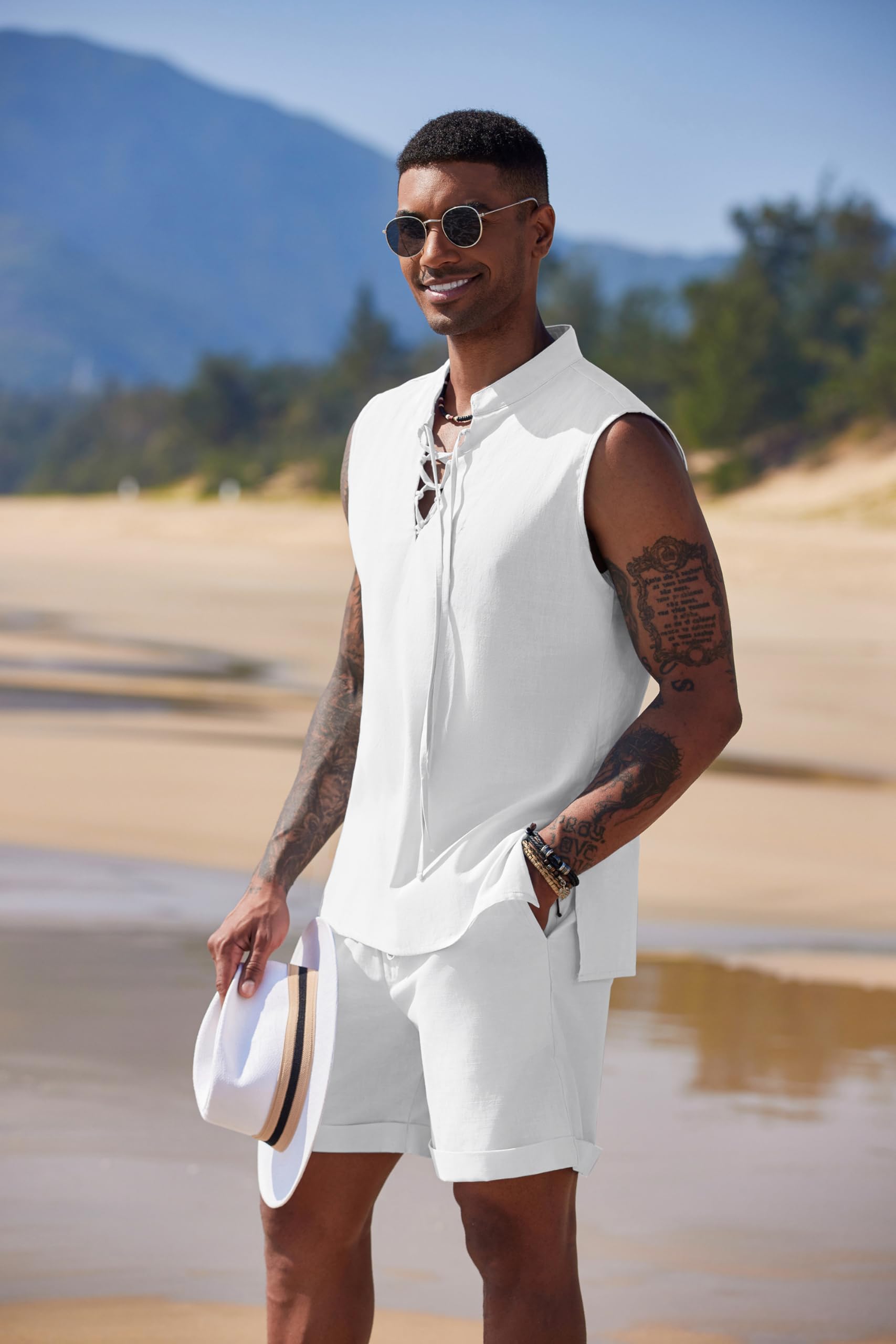 COOFANDY Men's 2-Piece Linen Outfit - Breathable Lace-Up Hippie Tank Top & Matching Shorts Set for Beach, Summer & Casual Wear | Lightweight Sleeveless Shirts for Vacation, Music Festivals & Boho Style
