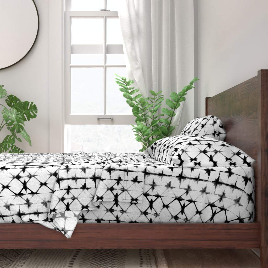 Spoonflower 100% Cotton Twin Sheet Set 3pc - Shibori Black & White Boho Midcentury Modern Tie Dye Bohemian Print Custom Bedding | Soft & Breathable for Bedroom, Guest Room & Dorm Decor