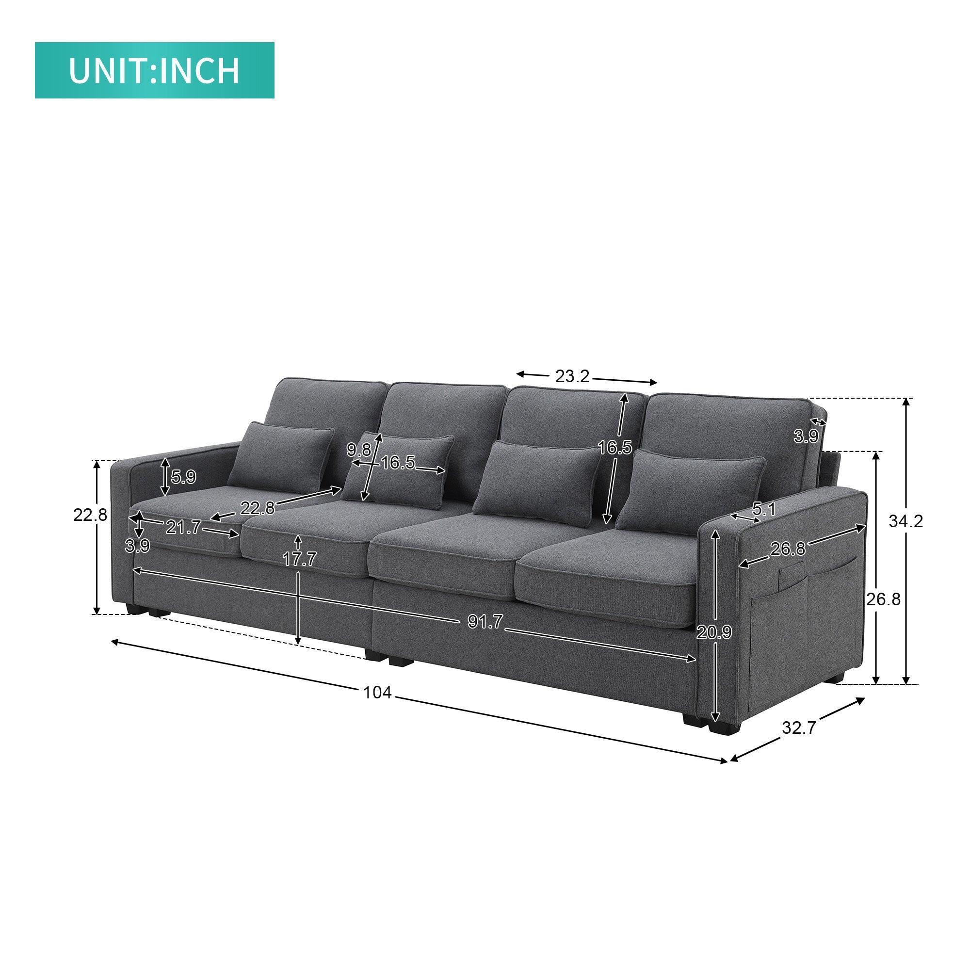 Modern 4-Seater Linen Fabric Sofa with Armrest Storage Pockets & 4 Throw Pillows - Minimalist Living Room Couch for Small Spaces, Apartments and Cozy Home Decor