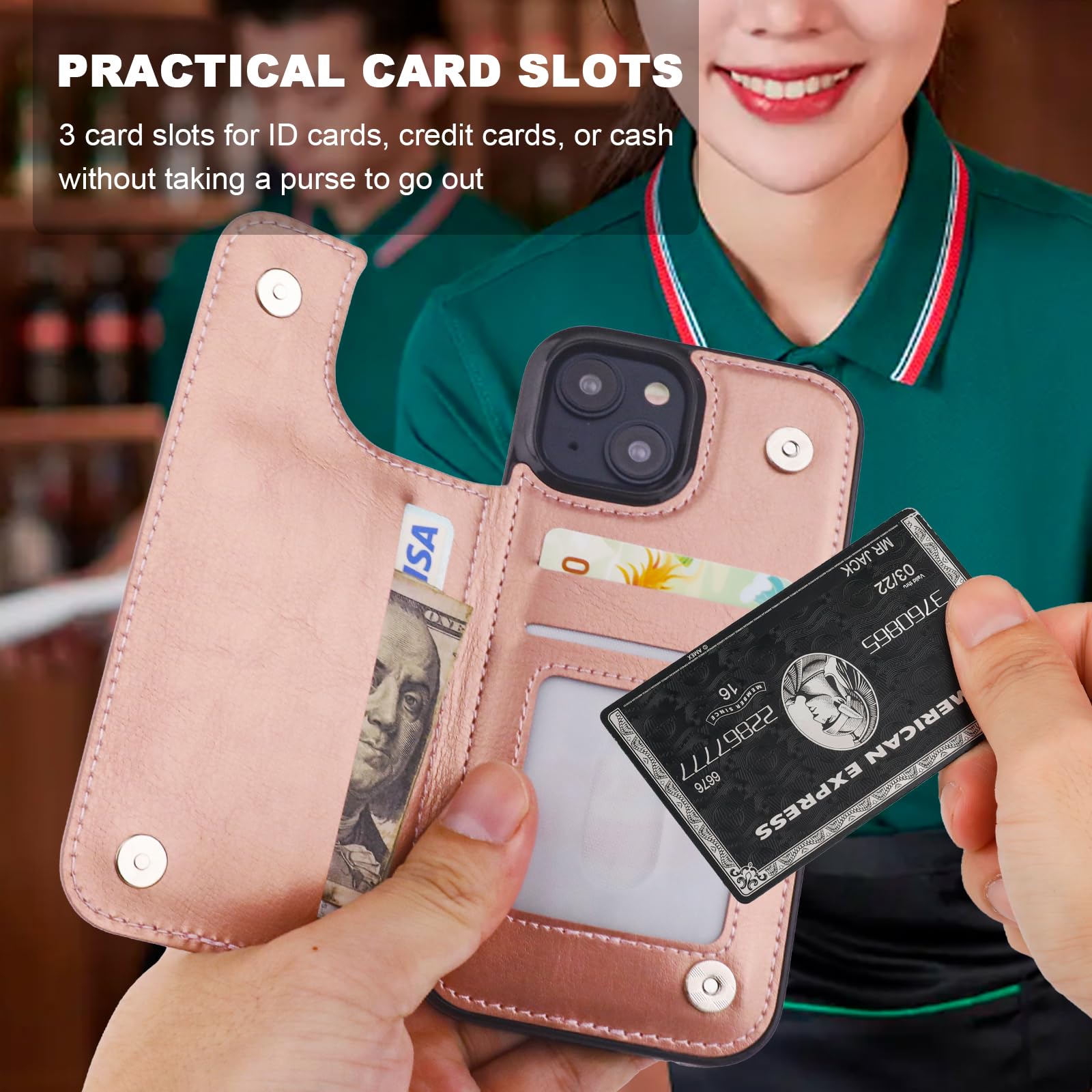Premium 360° Rotating Ring Kickstand iPhone 15 Wallet Case with RFID Blocking - PU Leather Magnetic Clasp Shockproof Cover for Women (6.1