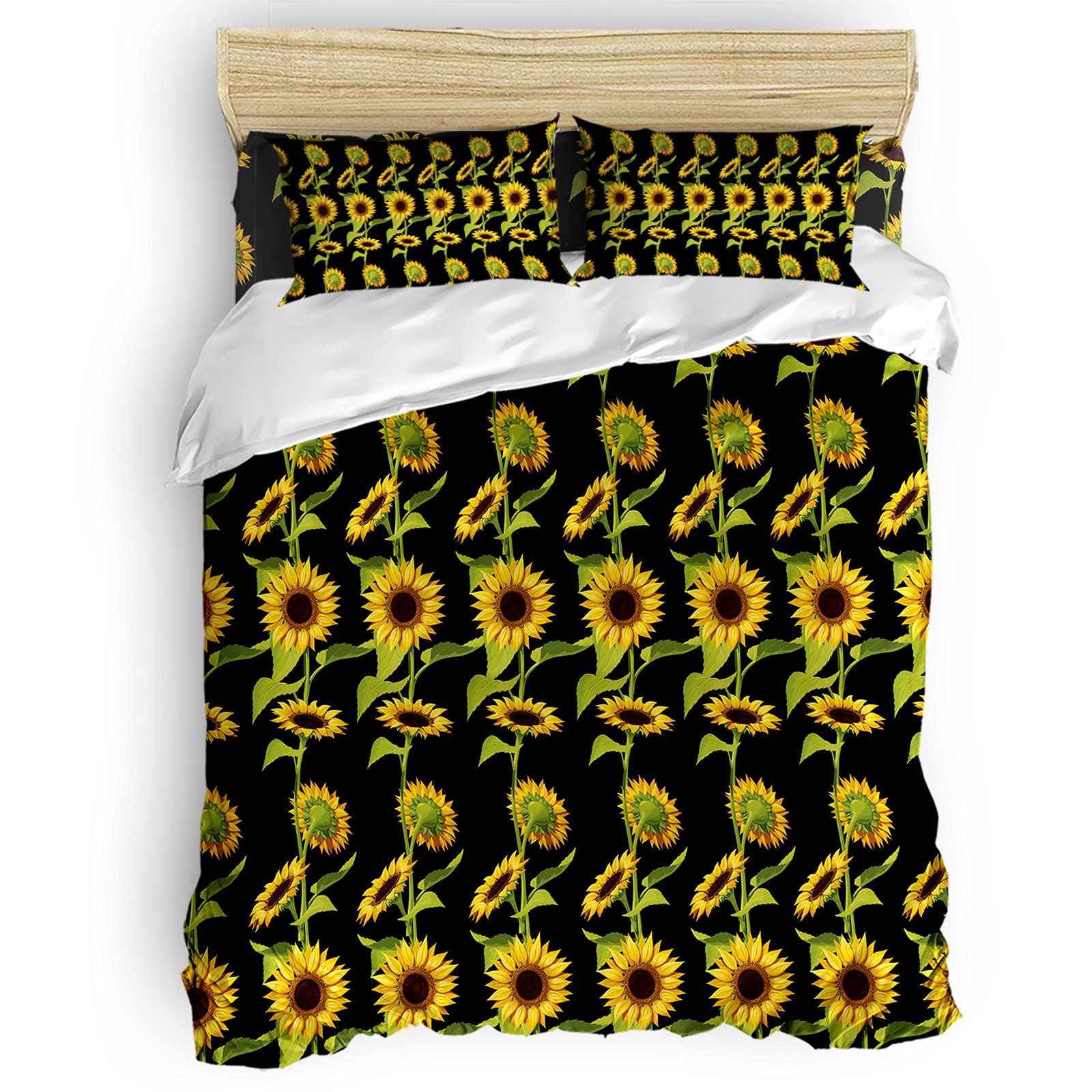 **Laibao King Size Duvet Cover Set - Retro Sunflower Black Background, Soft & Breathable Bedding Comforter Cover (4-Piece Set with 2 Pillowcases & 1 Flat Sheet) - Perfect for Boys, Girls, Teens & Adults - Ideal for Bedroom, Guest Room & Dorm Decor**
