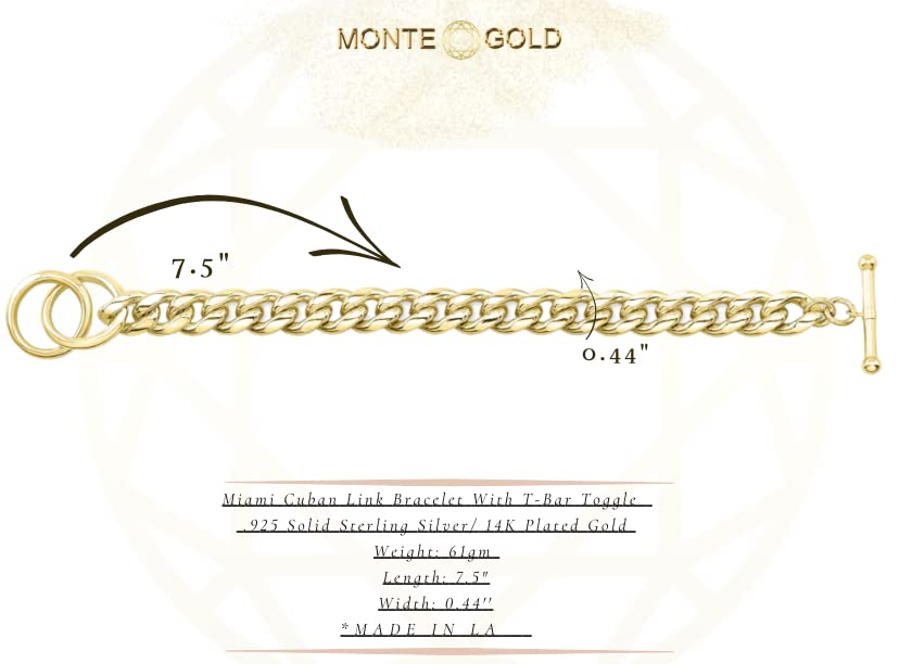 14K Gold Plated 925 Sterling Silver Miami Cuban Link Bracelet for Men & Women - Toggle & T-Bar Closure, 29g-61g Handmade Jewelry Gift - Perfect for Parties, Weddings & Everyday Wear