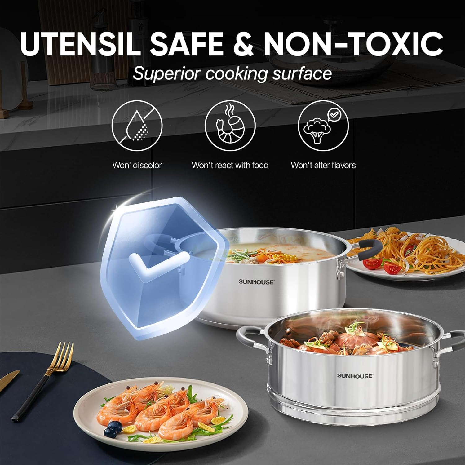 SUNHOUSE 4.6 Quart Stainless Steel Steamer Pot with Lid - 2-Tier Multipurpose Cookware for Vegetables, Dumplings, Sauces & More - Triple Bottom, Measurement Lines - Perfect for Home Cooking, Meal Prep & Healthy Eating