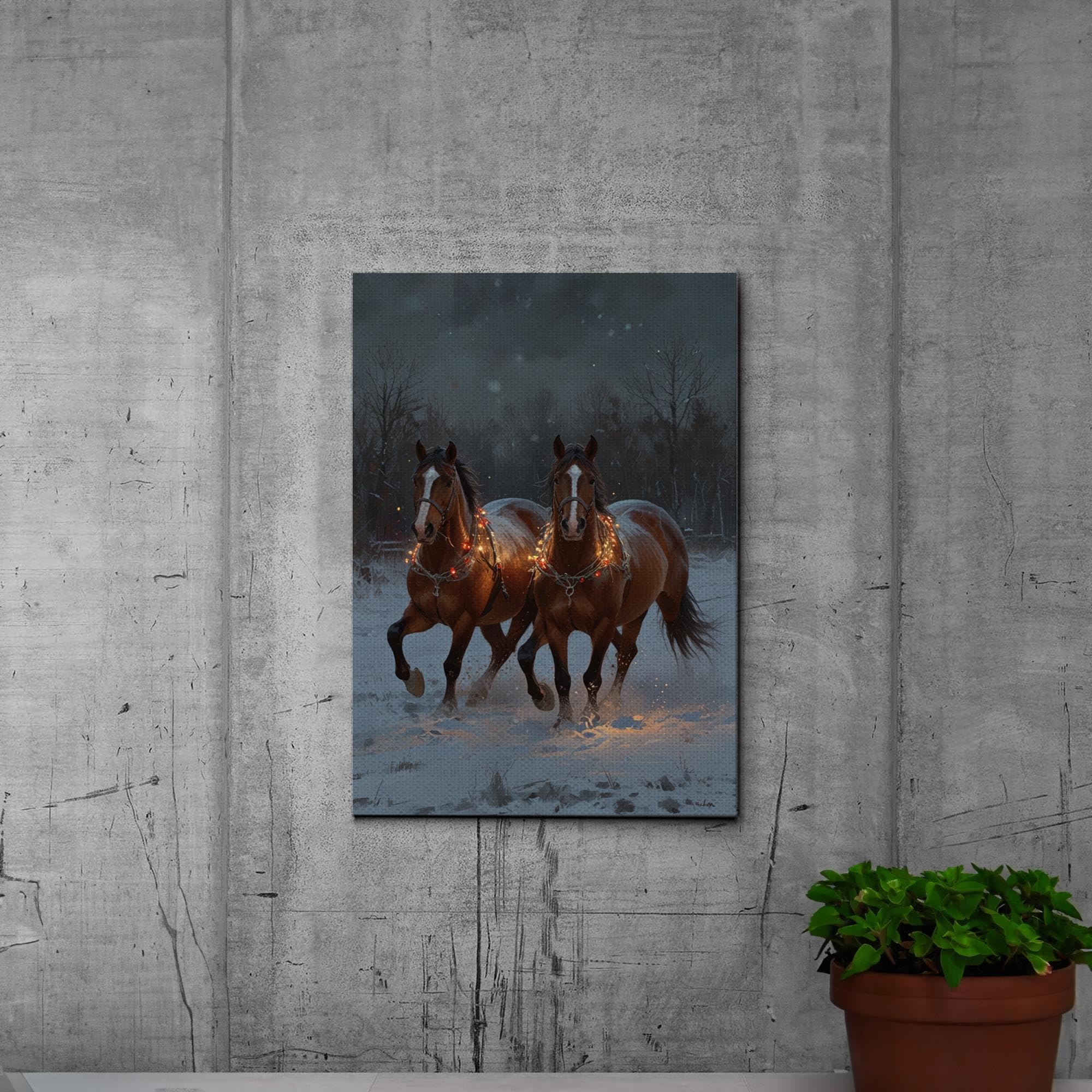 Winter Horse Sleigh Canvas Print - Snowy Christmas Wall Art Decor for Living Room, Bedroom & Office - Animal & Landscape Wall Art Print
