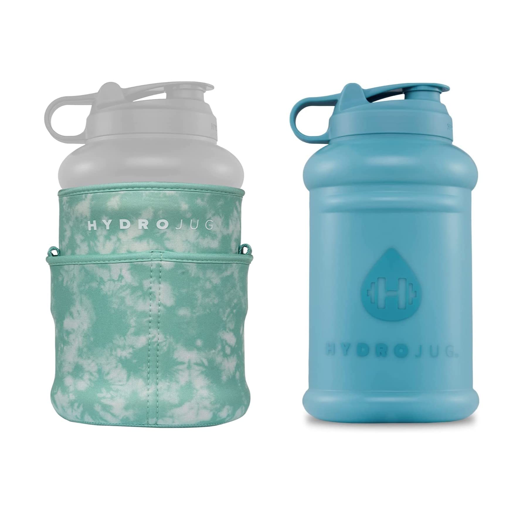HydroJug 64oz Half Gallon Water Bottle with Handle - BPA Free, Reusable & Durable - Includes Premium Neoprene Insulating Sleeve with Shoulder Strap (Blue Slate + Aqua) - Perfect for Gym, Hiking, Office & Outdoor Activities