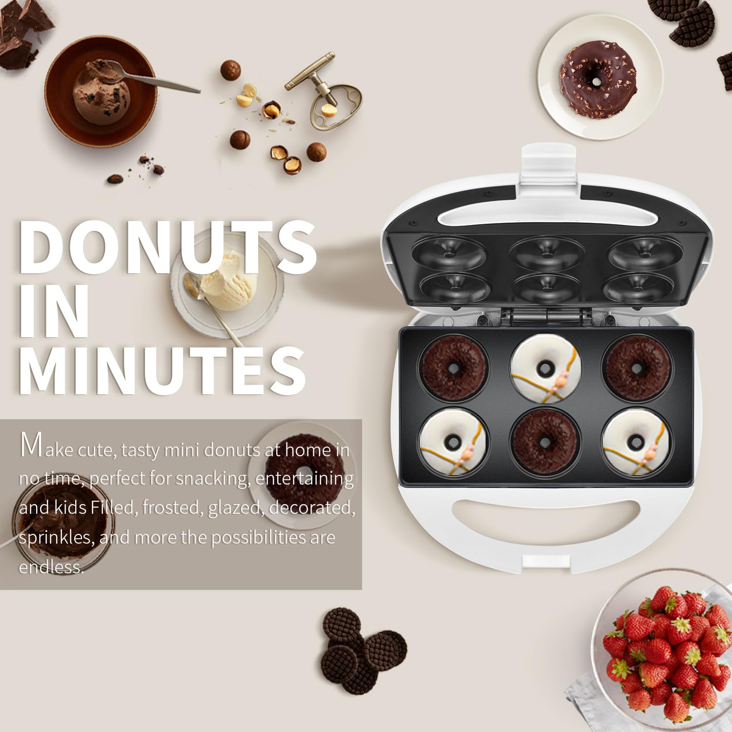 Mini Donut Maker Machine - Non-Stick Electric Doughnut Baker with Cool Touch - Makes 6 Mini Donuts at Once - Perfect for Breakfast, Snacks, Desserts & Party Treats (White) - Great for Home Kitchen, Cafes & Birthday Parties