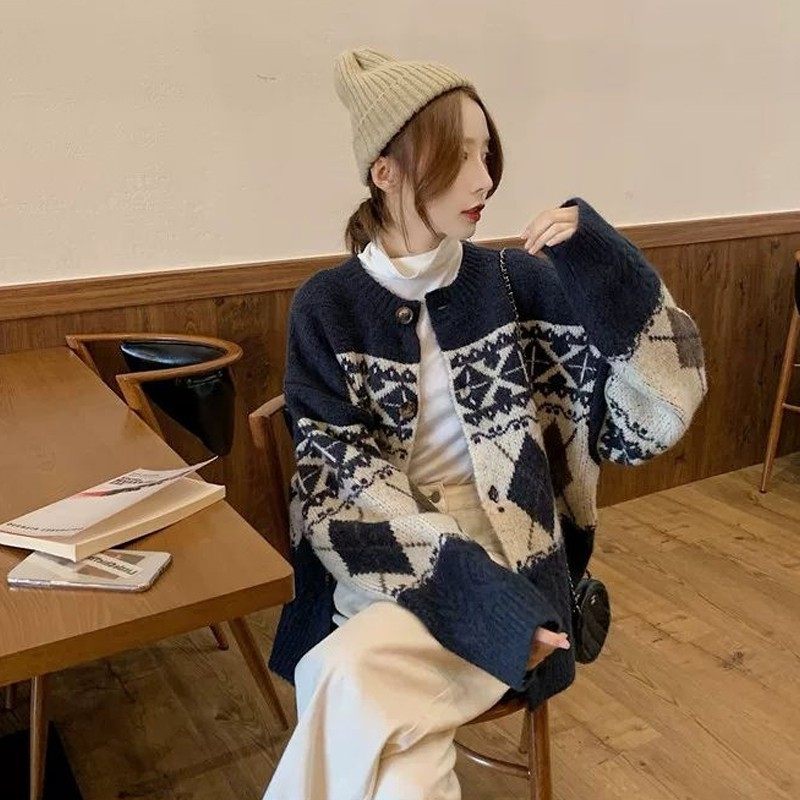 French Crew Neck Sweater for Women - Vintage Loose Knit Cardigan Jacket for Autumn & Winter | Cozy Fall Layering, Casual Office Wear & Holiday Outfits