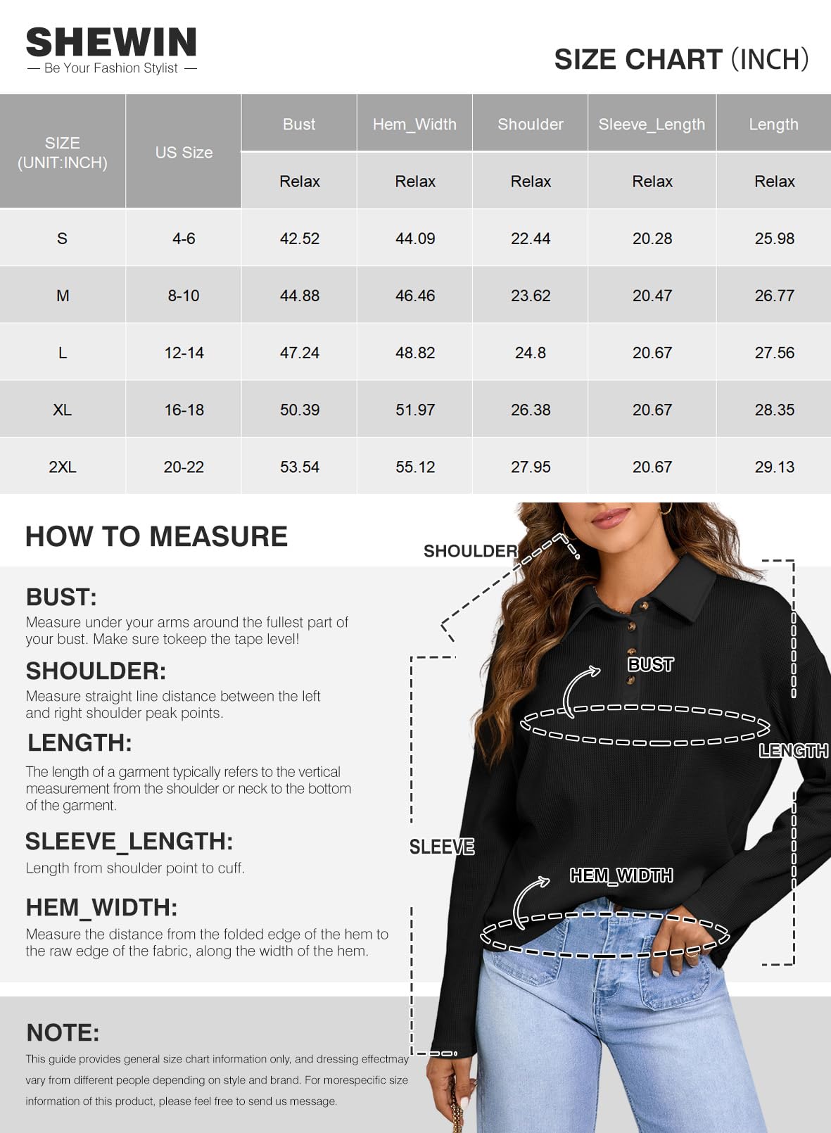 SHEWIN Women's Casual Waffle Knit Polo Shirt - V-Neck Collared Long Sleeve Button-Down Tunic Top for Work, Office & Everyday Wear