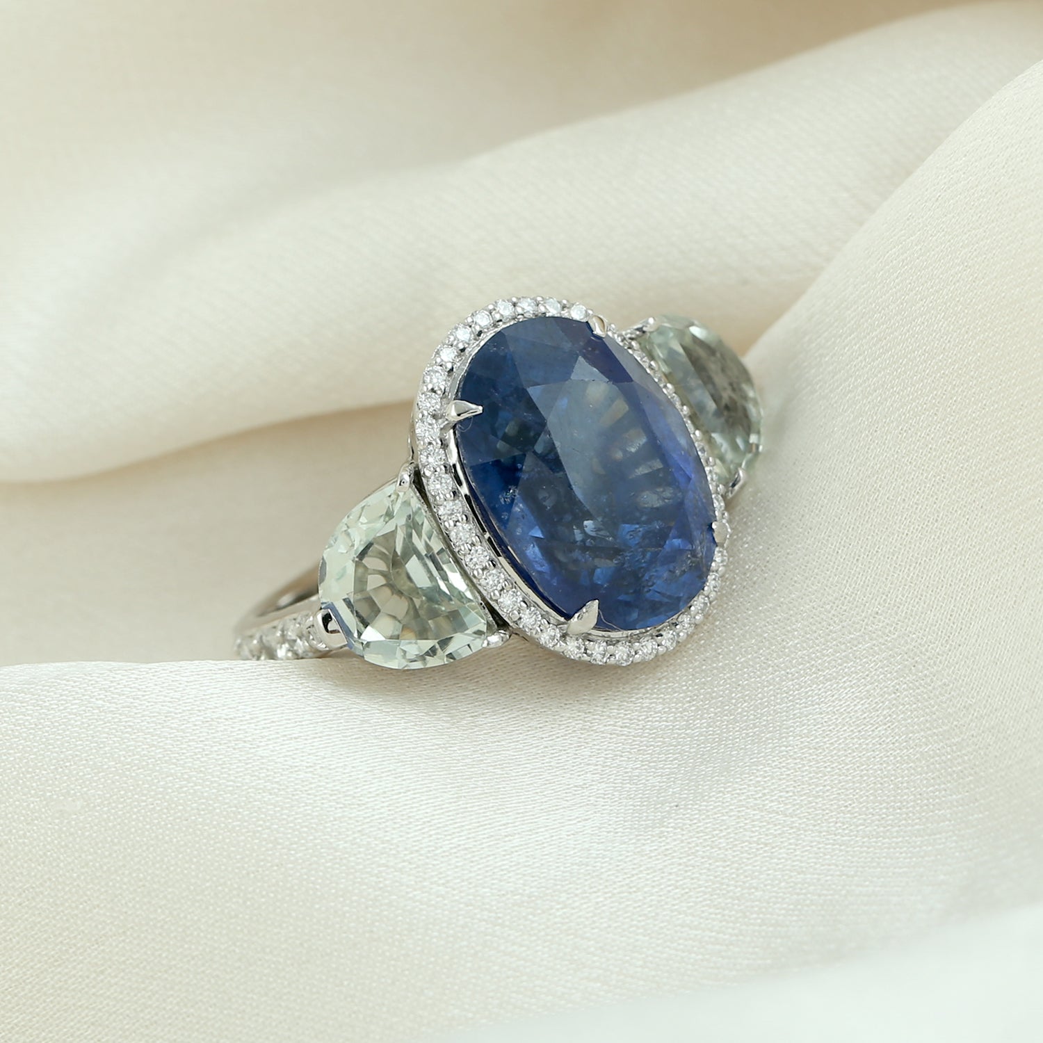 Blue Sapphire & Green Amethyst D-Shaped Pave Diamond Three Stone Ring in 14K White Gold - Perfect for Engagement, Anniversary & Special Occasion Gifts