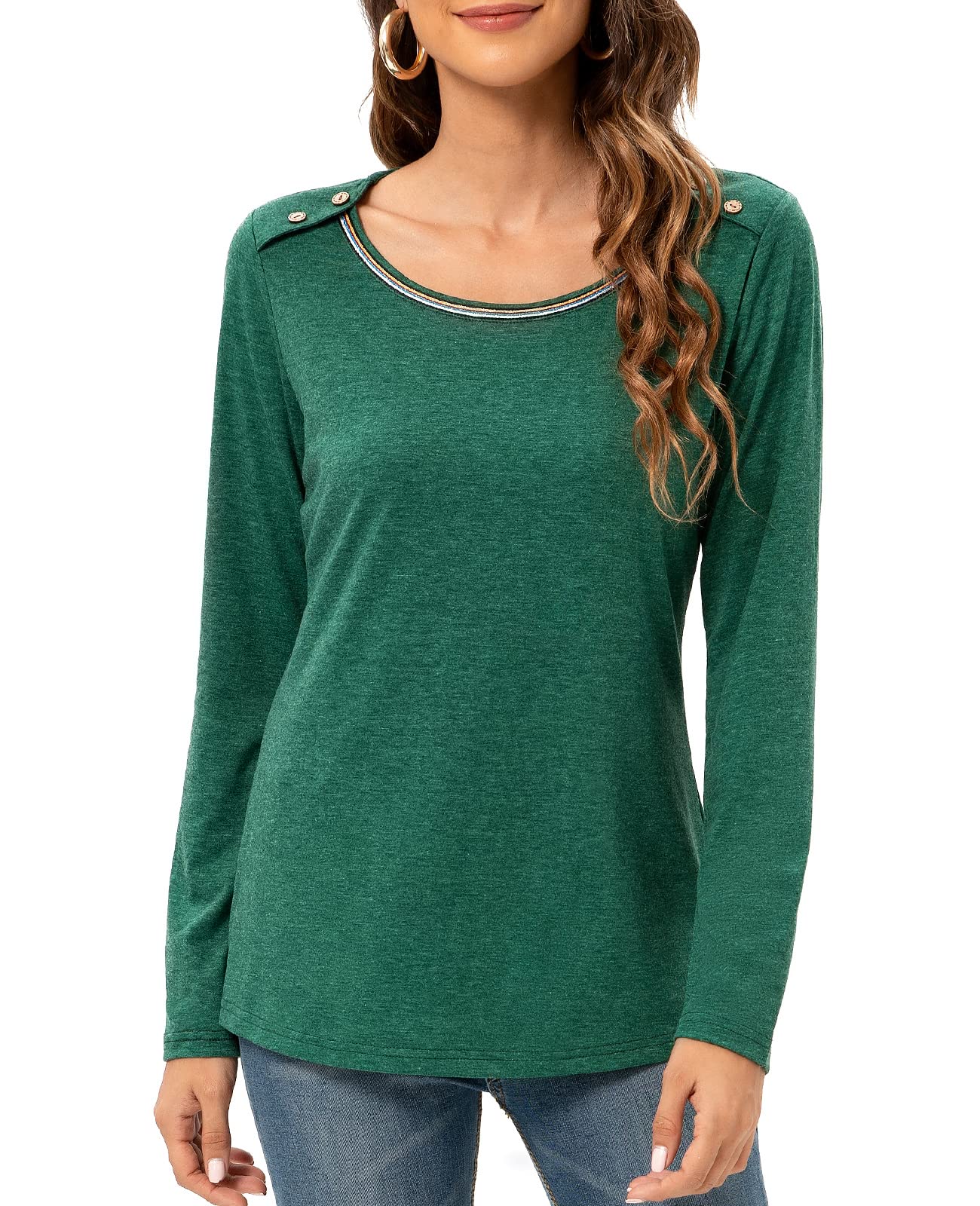 HUSKARY Women's Long Sleeve Round Neck Button Decor Casual T-Shirt Blouse - Perfect for Work, Date Night & Everyday Wear