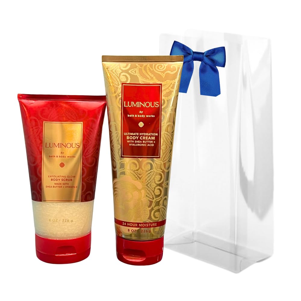 Bath & Body Works LUMINOUS Exfoliating Body Scrub & Ultra Hydrating Body Cream 2-Piece Gift Set with Blue Bow - Perfect Holiday Gift for Women, Spa Day Essential, Self-Care Luxury