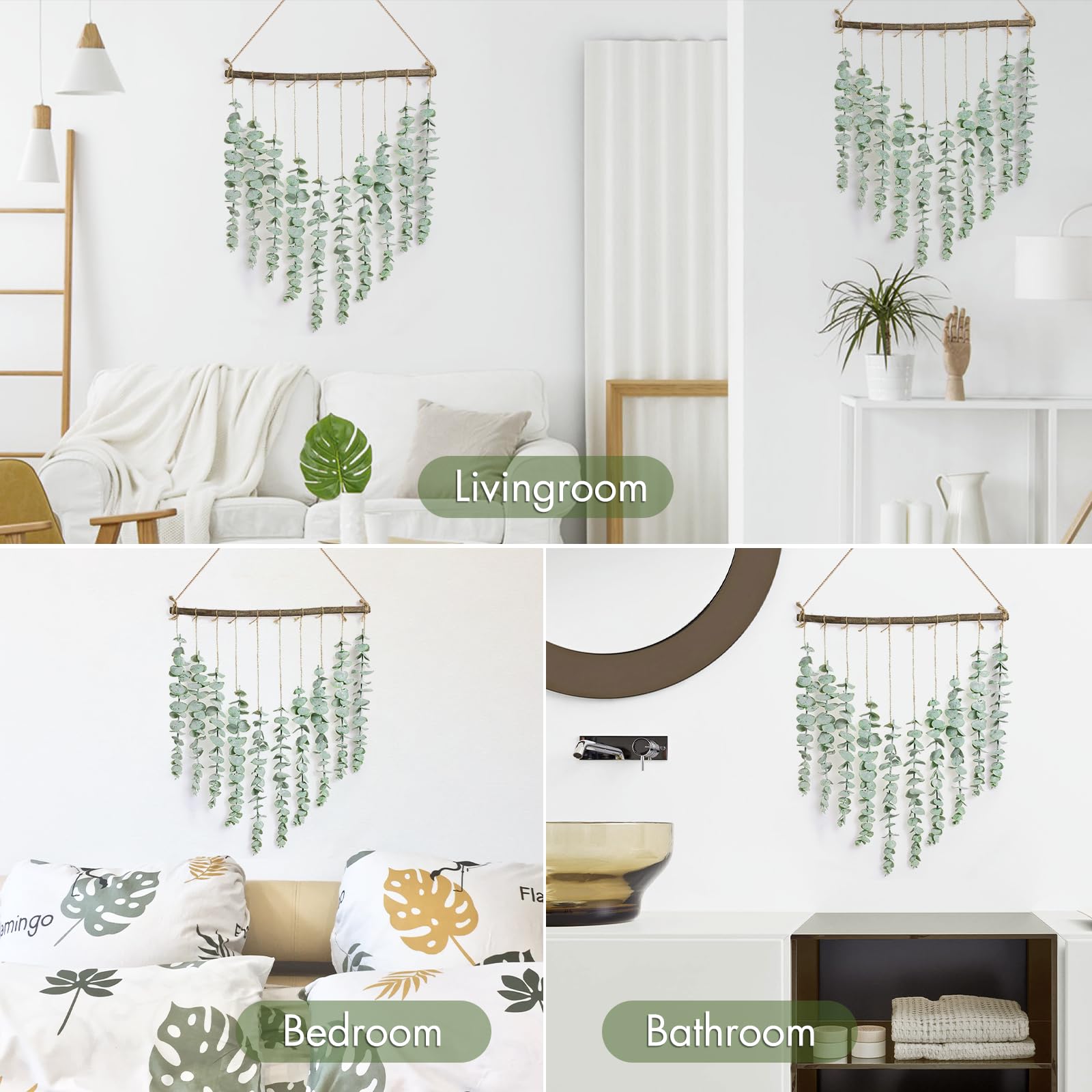 Artificial Eucalyptus Wall Hanging Decor - Fake Eucalyptus Leaves Greenery Vines for Farmhouse Rustic Boho Style - Bathroom Bedroom Living Room Wall Decor - Perfect for Home, Wedding, and Office Decoration