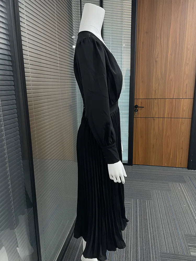 Elegant Black Ankle-Length Dresses for Women - V-Neck Long Sleeve Loose Office Dress with Fold Detail | Autumn Workwear & Formal Occasions