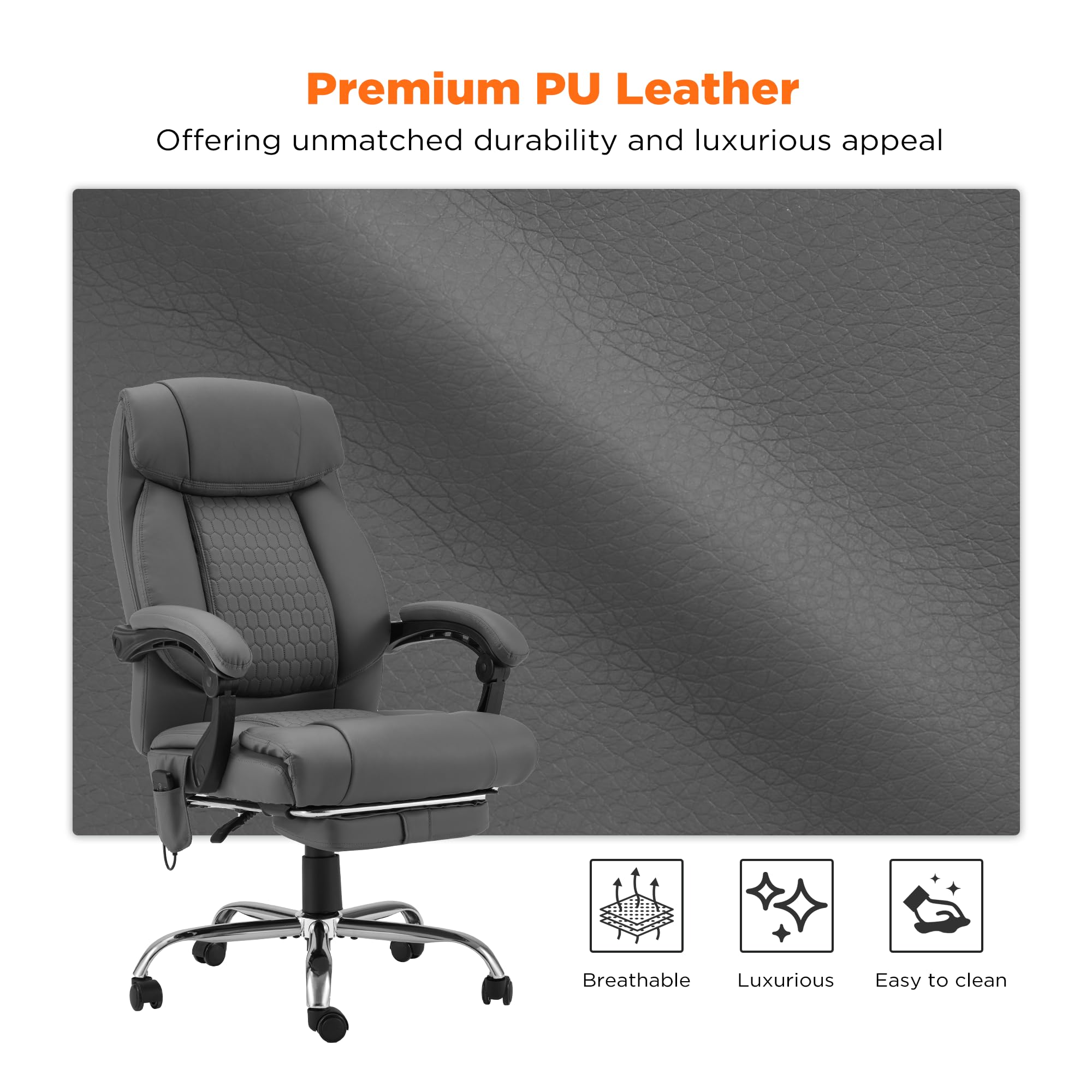 HOMREST Ergonomic Reclining Office Chair with 4-Point Massage & Heating - Adjustable Executive Chair with Retractable Footrest - Gray Home Computer Desk Chair for Work, Gaming & Relaxation - Perfect for Home Office, Study & Workspace Comfort