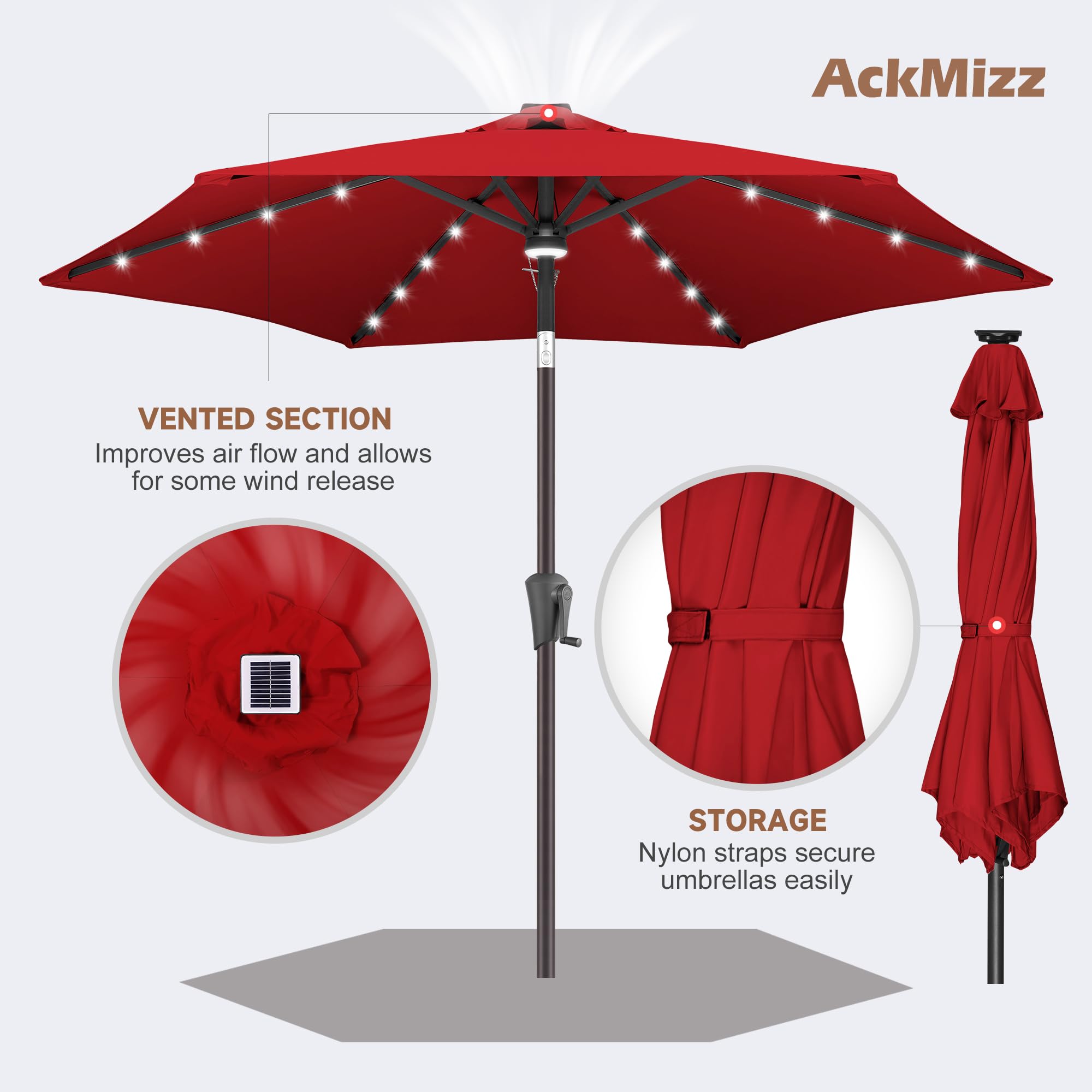 7.5ft Solar Powered LED Patio Umbrella with Tilt & Crank - Waterproof UV Protection Outdoor Umbrella for Pool, Garden, Deck - 24 LED Lights for Nighttime Use (Red) | Perfect for Backyard Dining, Porch Relaxation & Outdoor Entertaining