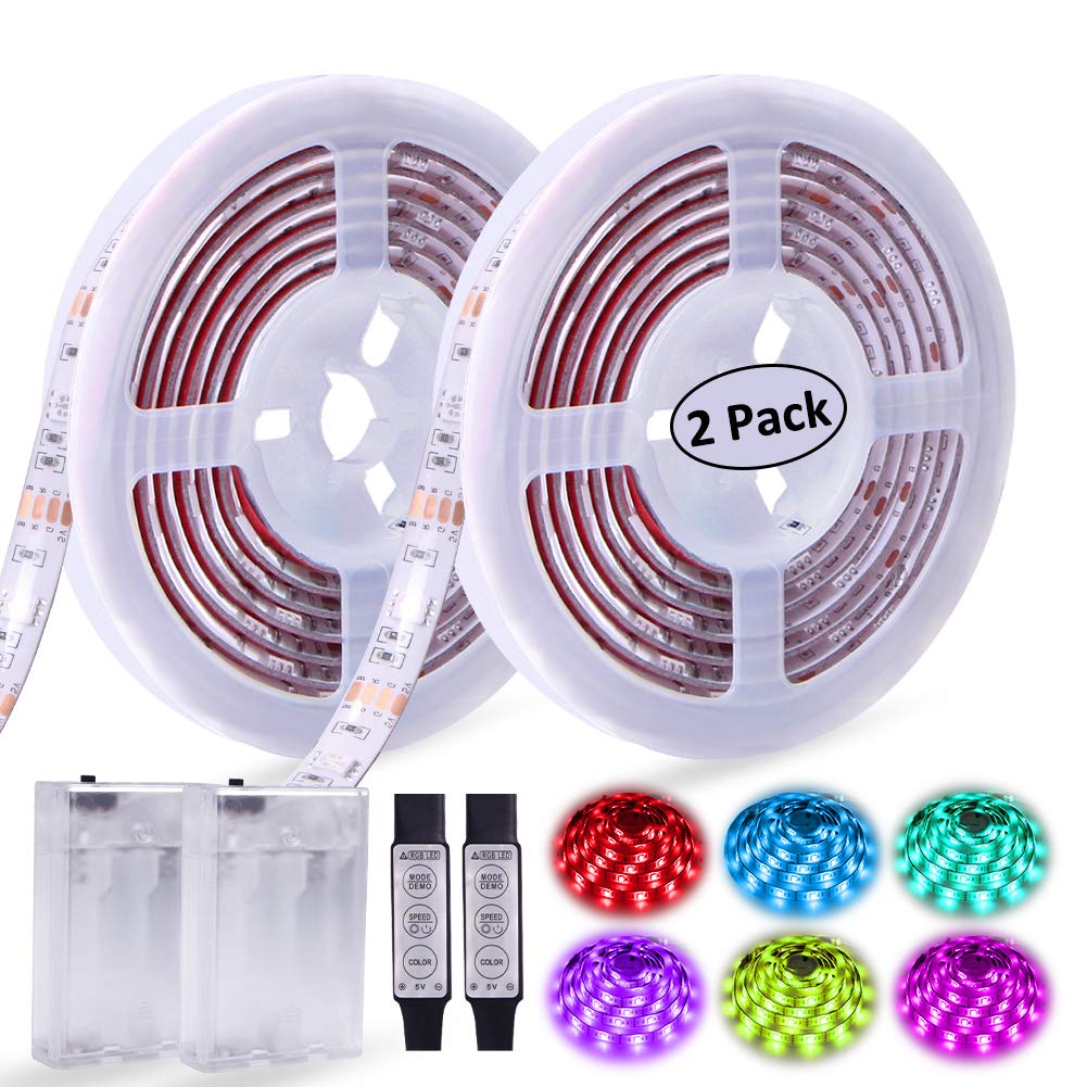 Battery Operated RGB LED Strip Lights - 13.2FT/4M Color Changing Flexible Light Strips with Remote Controller (2 Pack) for Bedroom Decor, Party Lighting, and DIY Home Projects