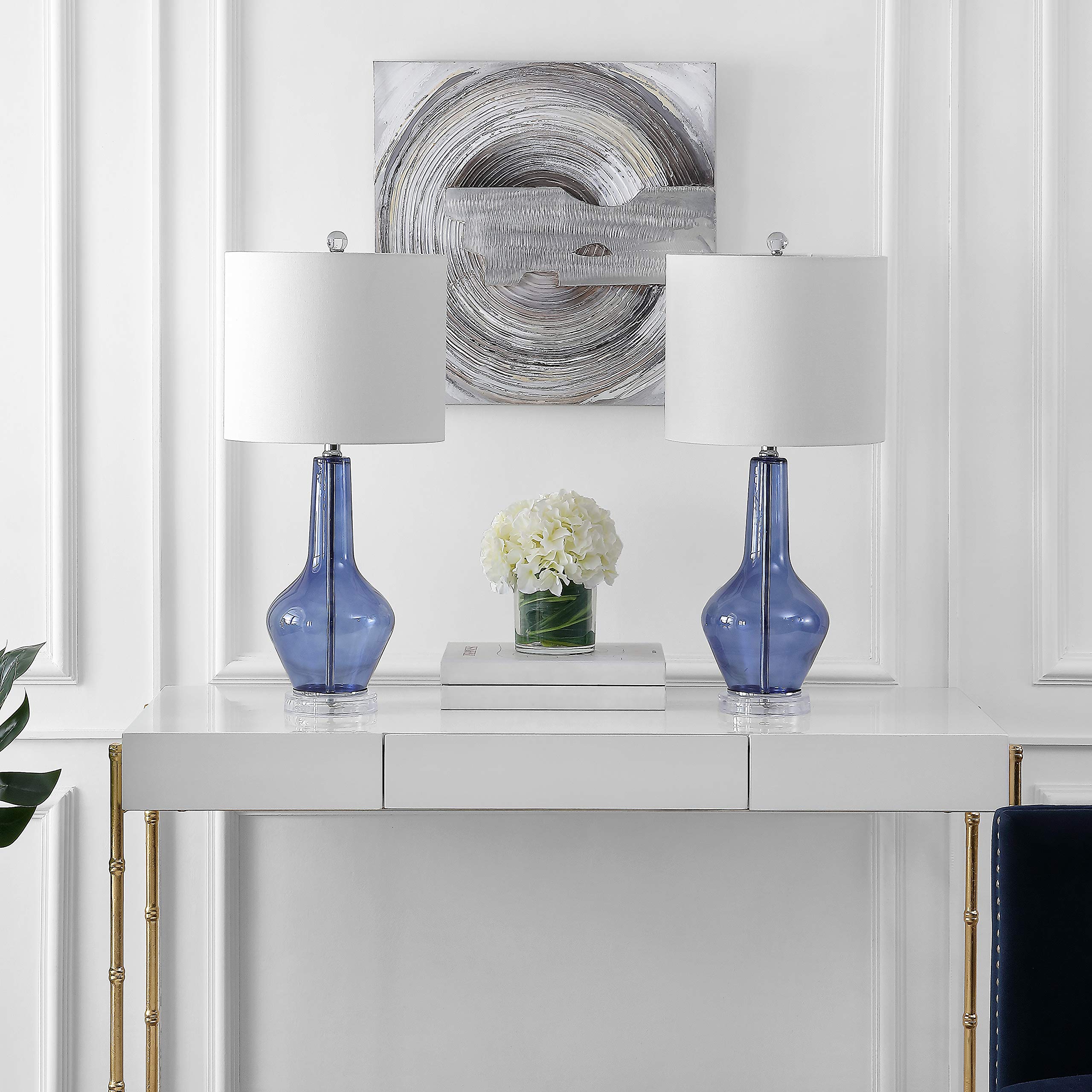 SAFAVIEH Velvet Blue Glass 24-Inch Table Lamp Set of 2 with LED Bulbs - Modern Bedside Lighting for Bedroom, Living Room & Home Office - Perfect for Reading, Relaxing & Decor