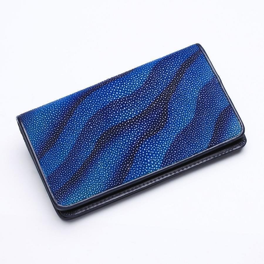 Premium Blue Stingray Skin Leather Long Wallet for Men - RFID Blocking Bifold Wallet with Money Clip - Perfect for Business, Travel & Everyday Use