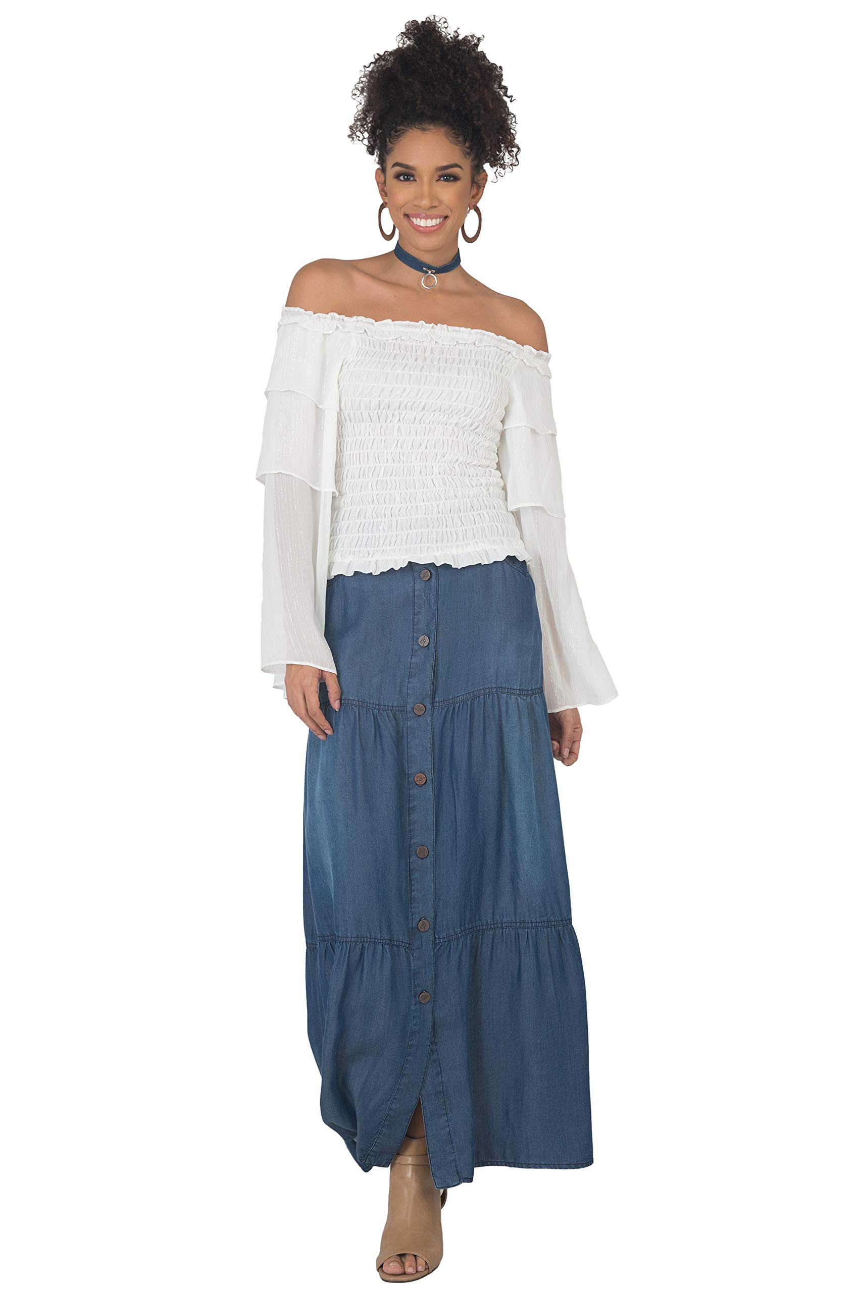 Women's Tencel Denim Maxi Skirt - Breathable A-Line Peasant Style with Pockets | Perfect for Summer, Beach, Boho Outfits & Casual Wear